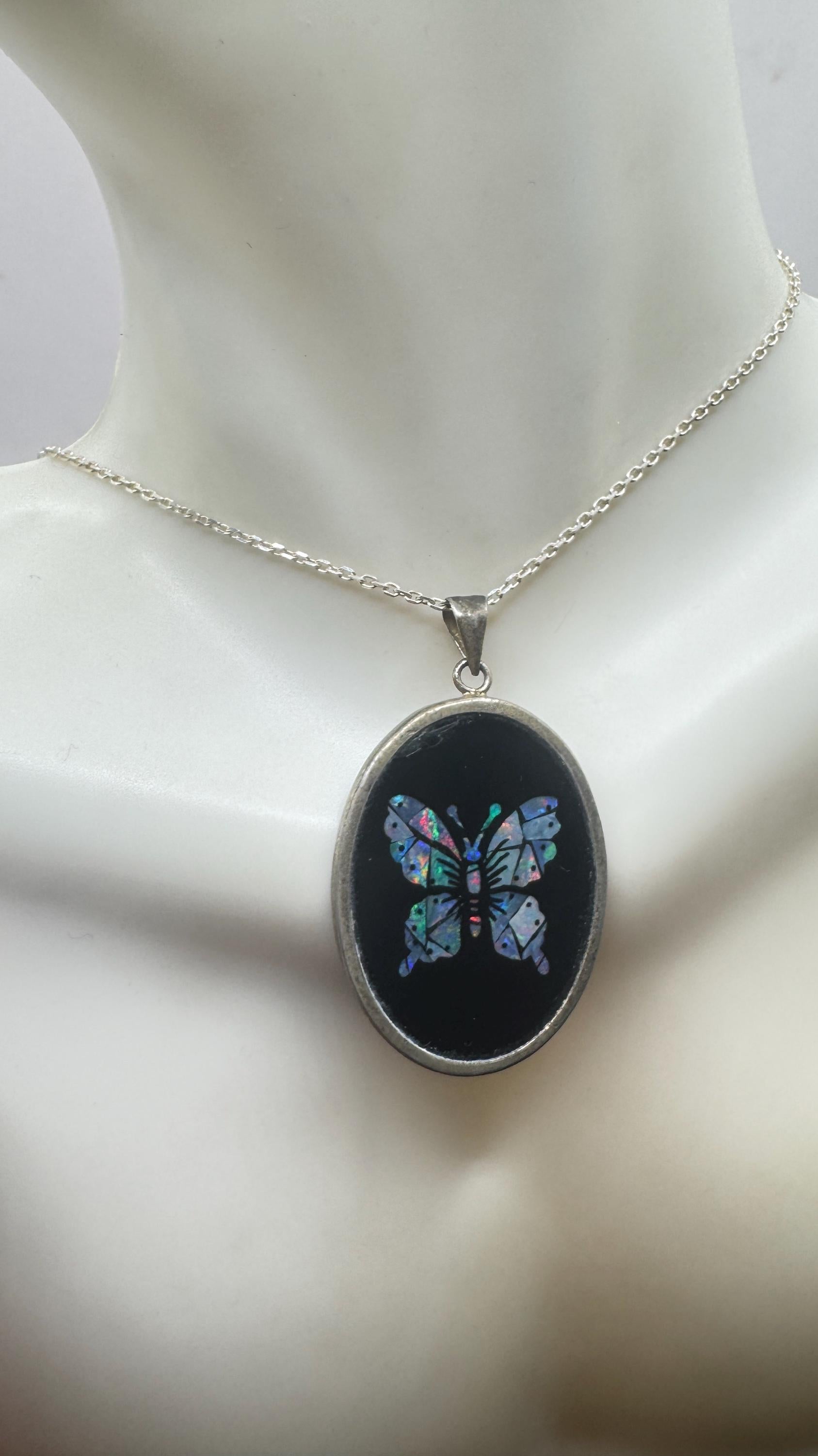Vintage Fire Opal Butterfly Black Onyx 925 Sterling Silver Necklace