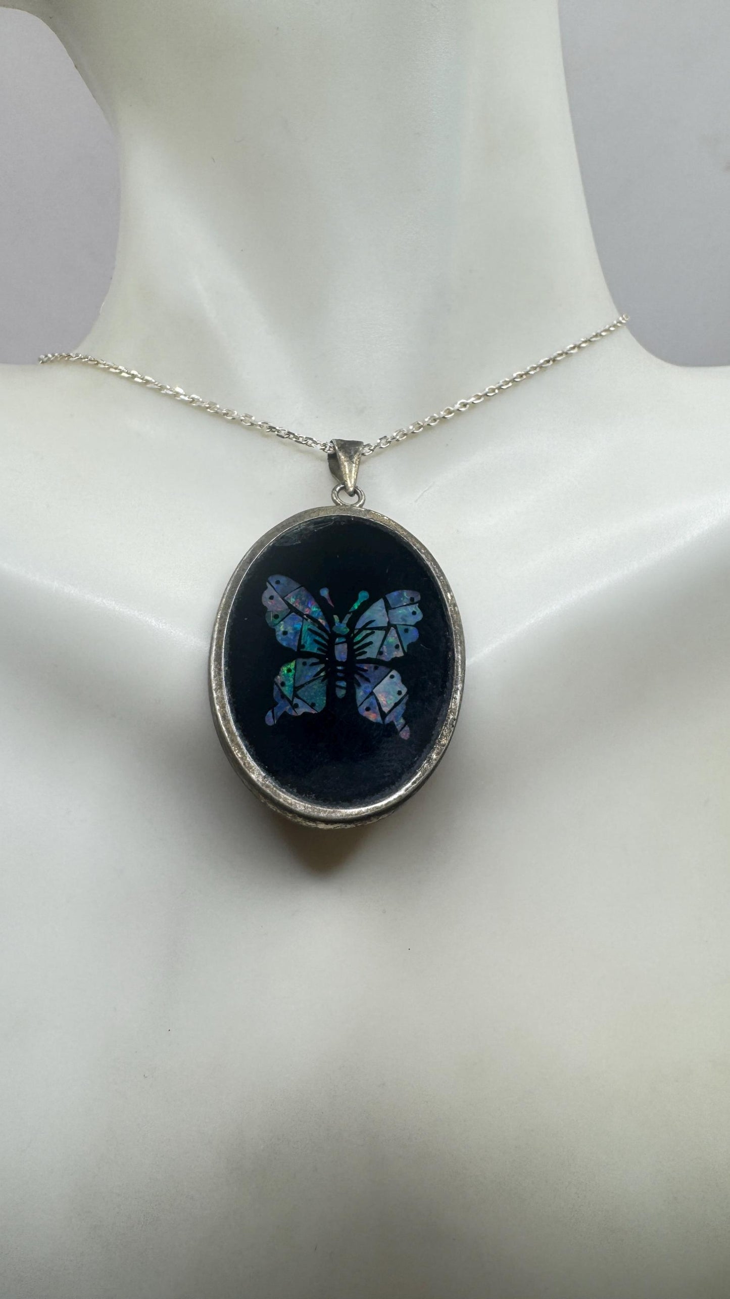 Vintage Fire Opal Butterfly Black Onyx 925 Sterling Silver Necklace