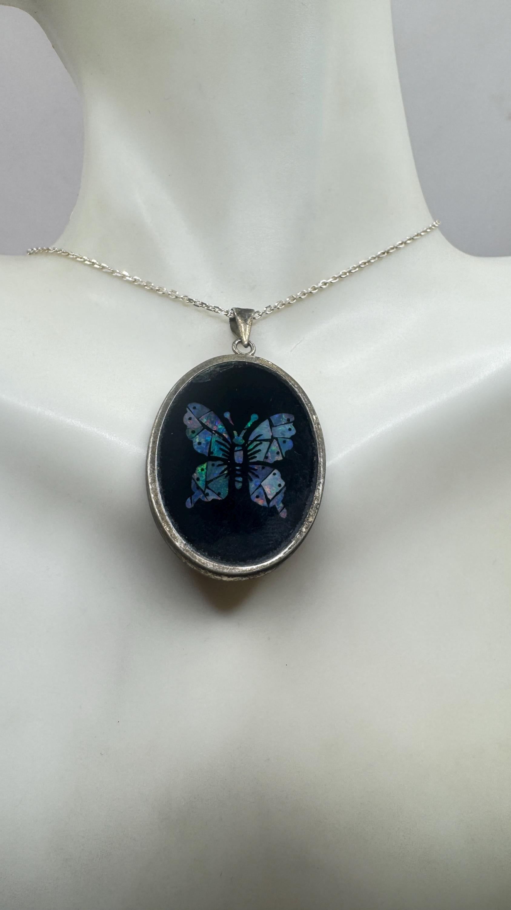 Vintage Fire Opal Butterfly Black Onyx 925 Sterling Silver Necklace