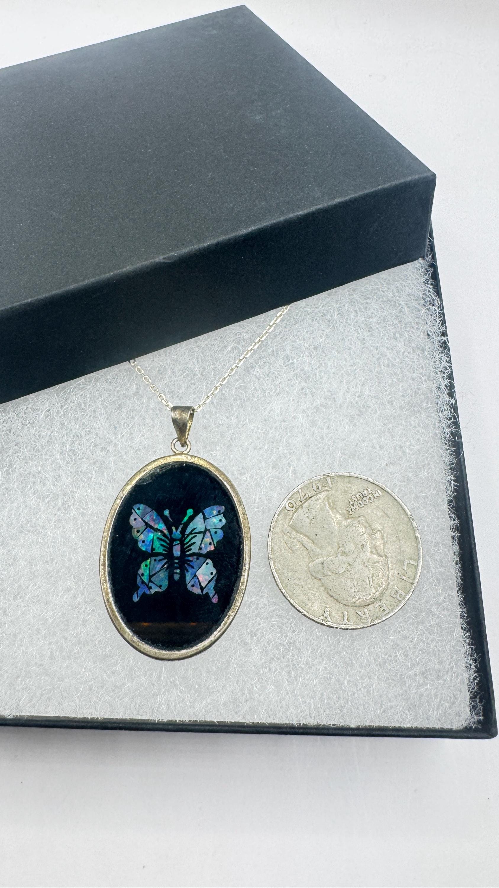 Vintage Fire Opal Butterfly Black Onyx 925 Sterling Silver Necklace