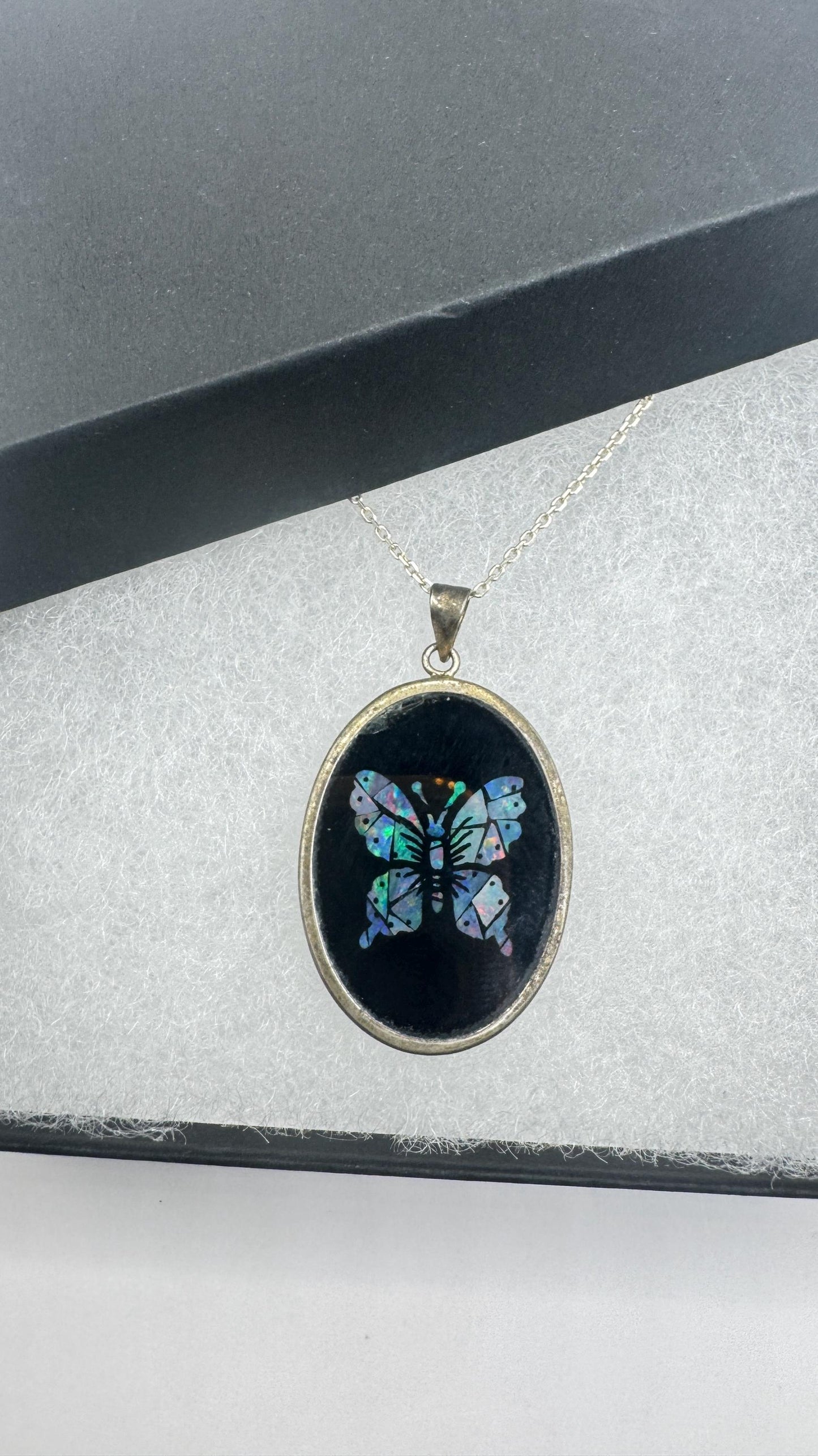 Vintage Fire Opal Butterfly Black Onyx 925 Sterling Silver Necklace