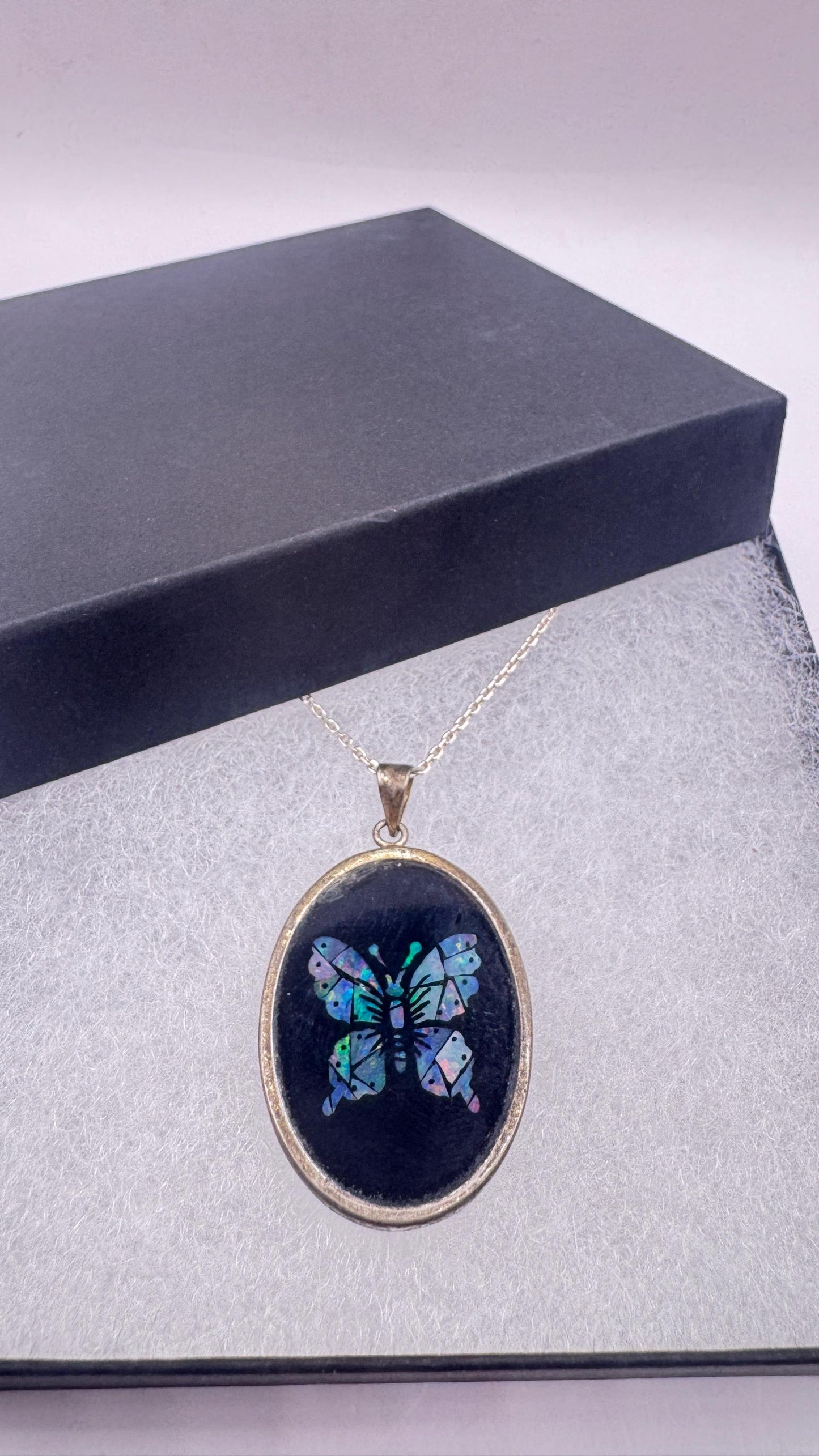 Vintage Fire Opal Butterfly Black Onyx 925 Sterling Silver Necklace