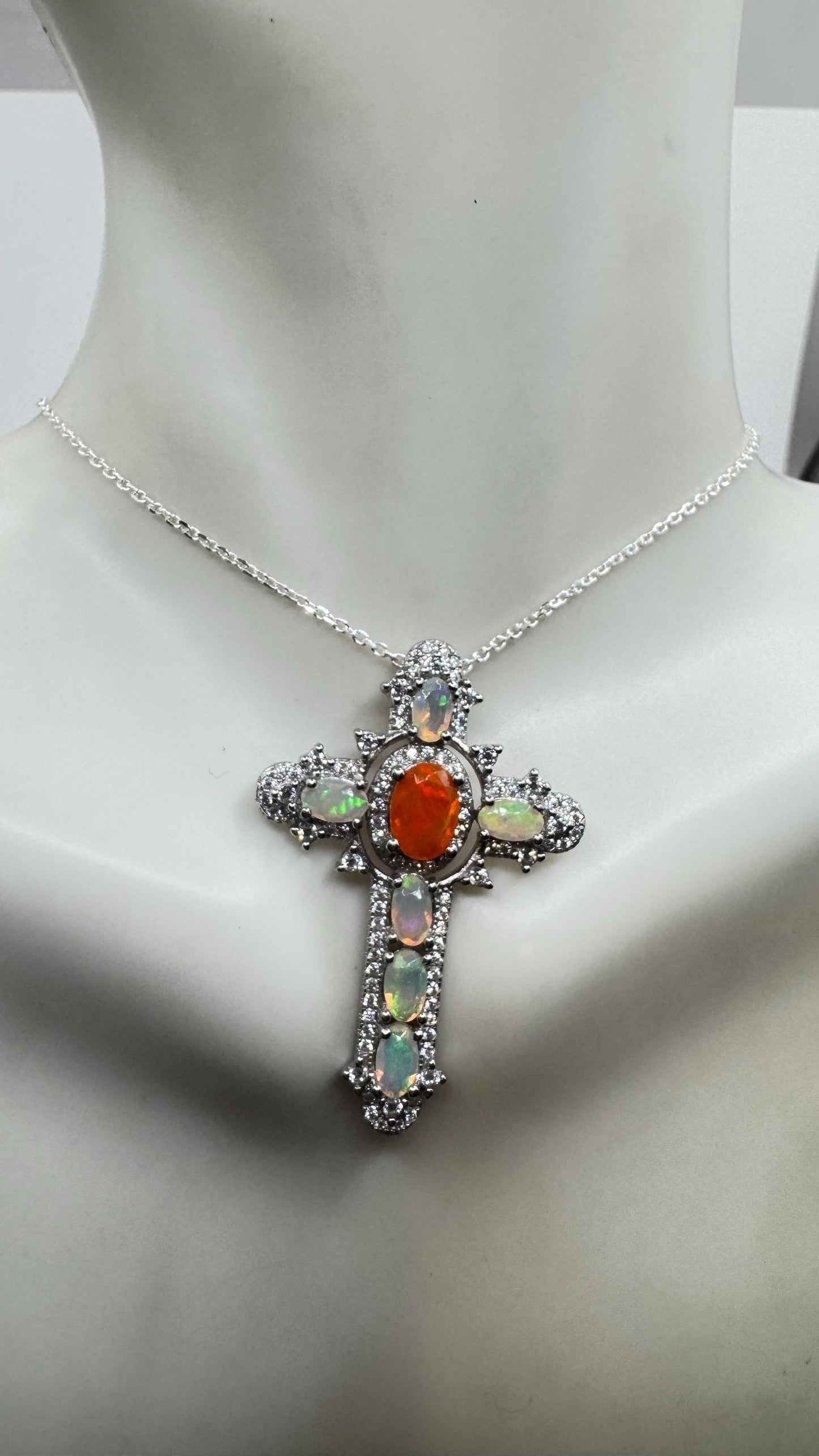 Vintage Fire Opal Cross Choker 925 Sterling Silver Pendant Necklace