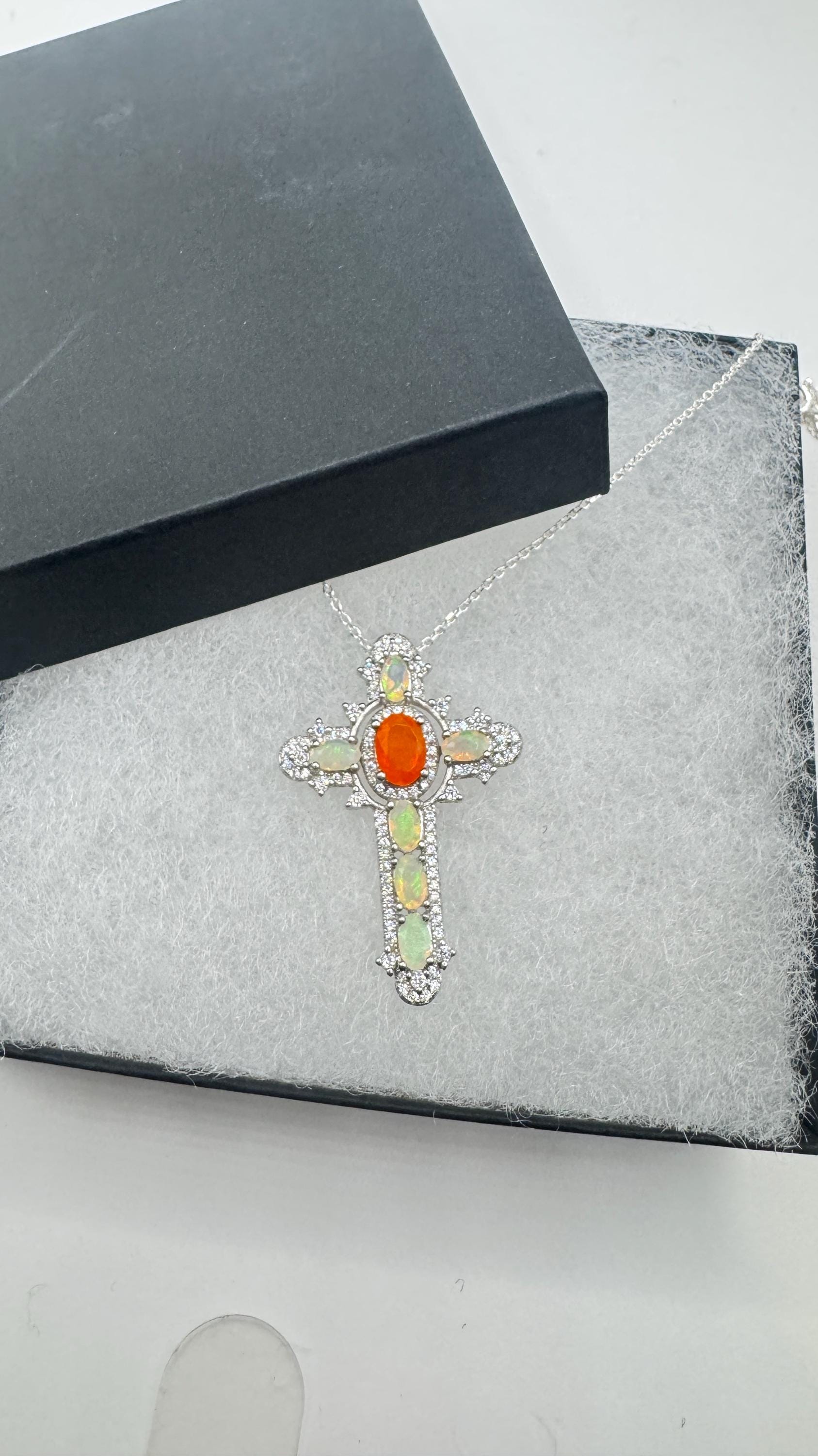 Vintage Fire Opal Cross Choker 925 Sterling Silver Pendant Necklace