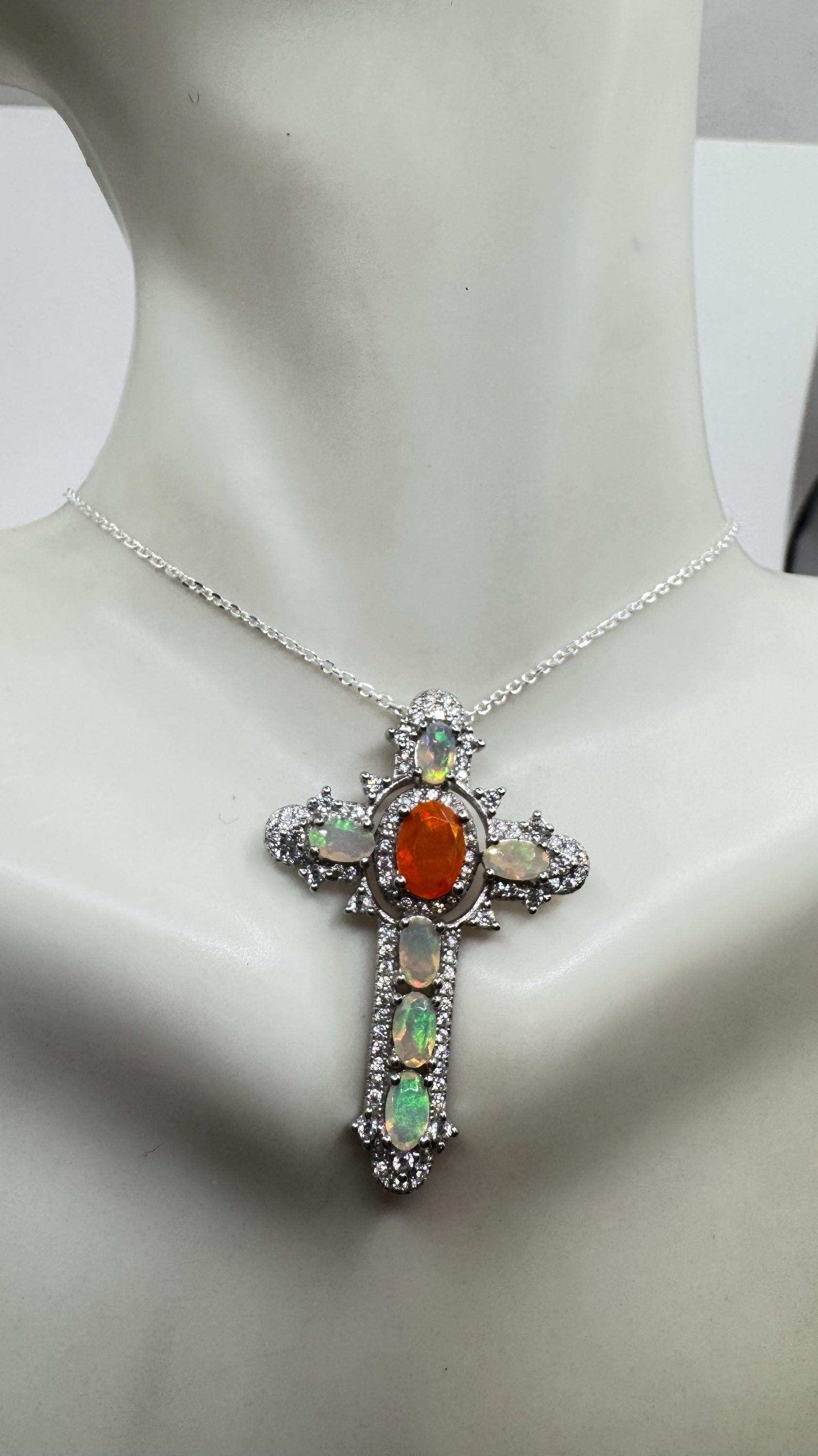 Vintage Fire Opal Cross Choker 925 Sterling Silver Pendant Necklace