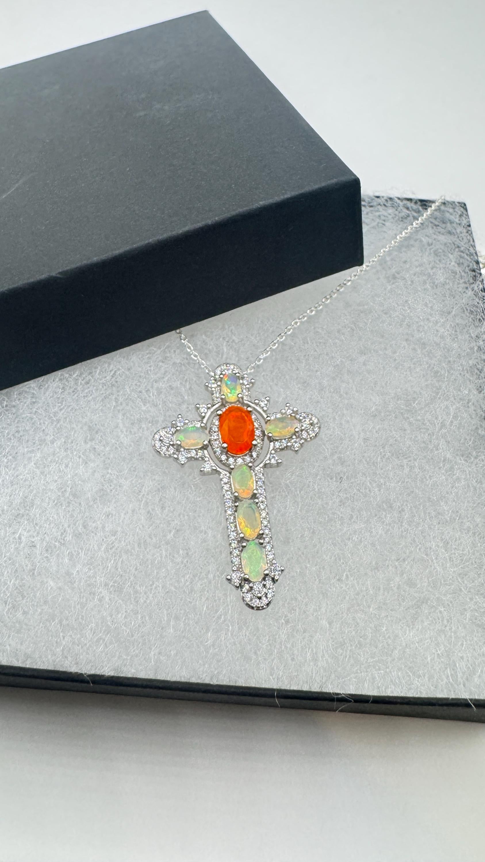 Vintage Fire Opal Cross Choker 925 Sterling Silver Pendant Necklace