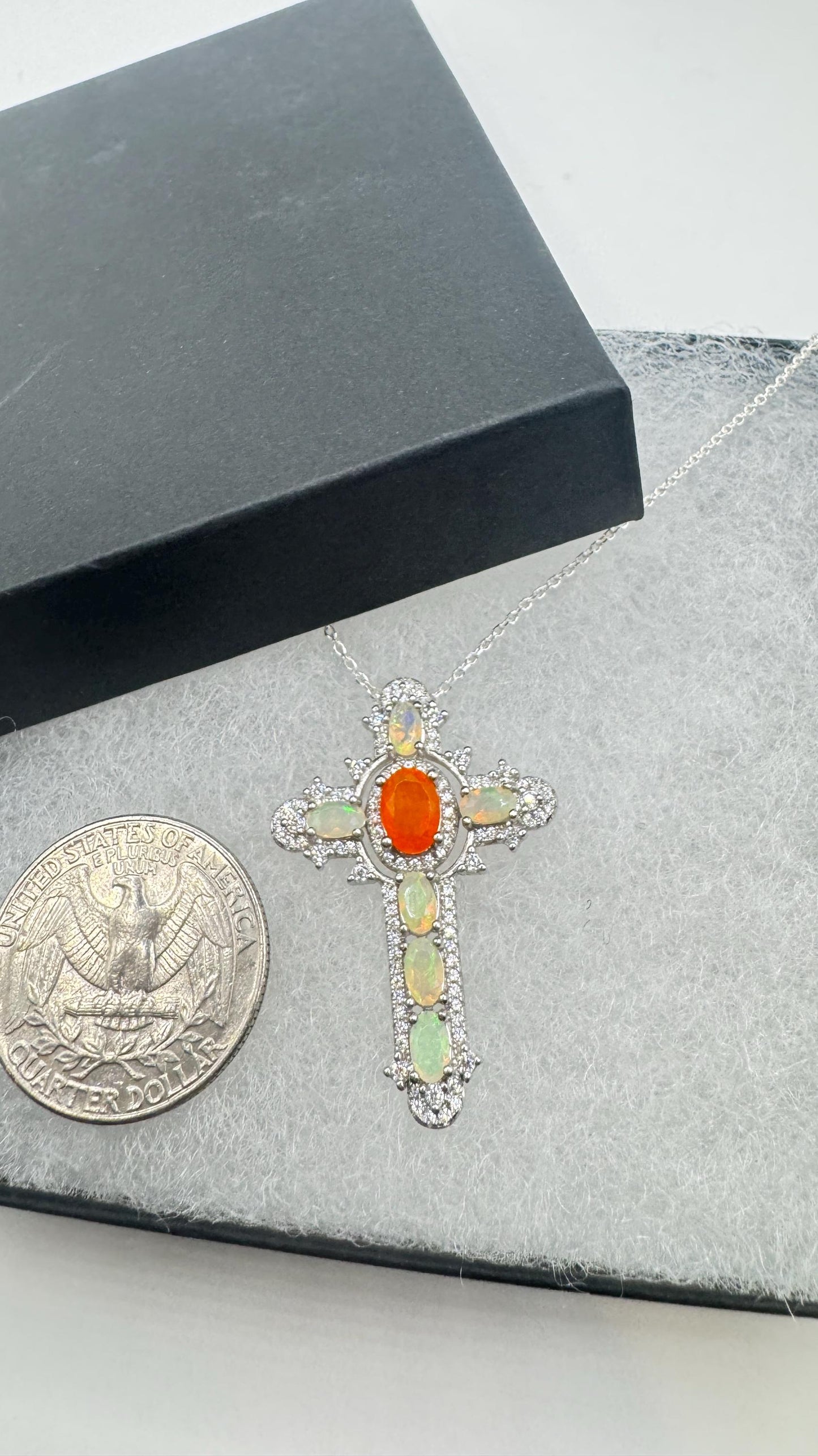 Vintage Fire Opal Cross Choker 925 Sterling Silver Pendant Necklace