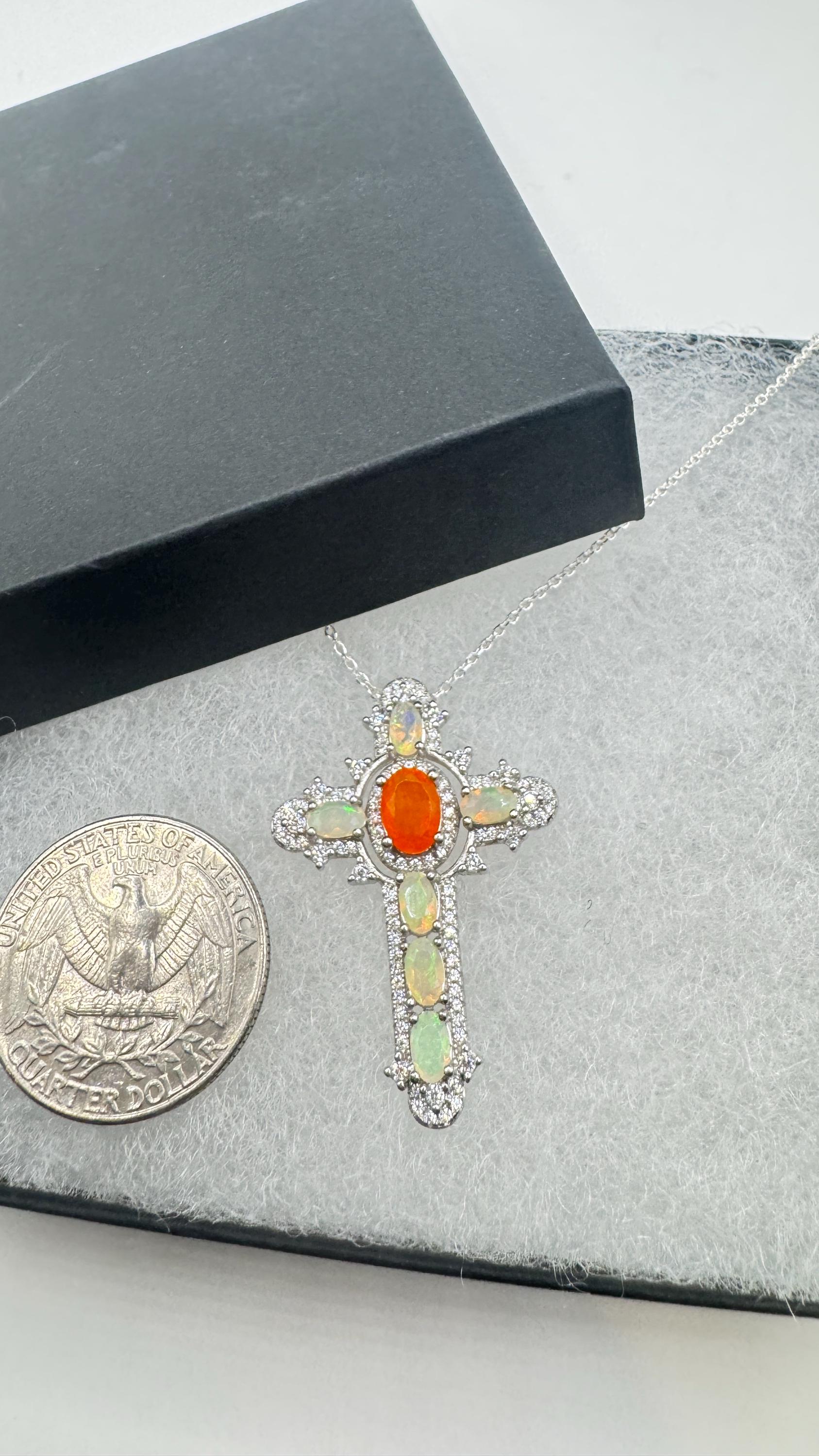 Vintage Fire Opal Cross Choker 925 Sterling Silver Pendant Necklace