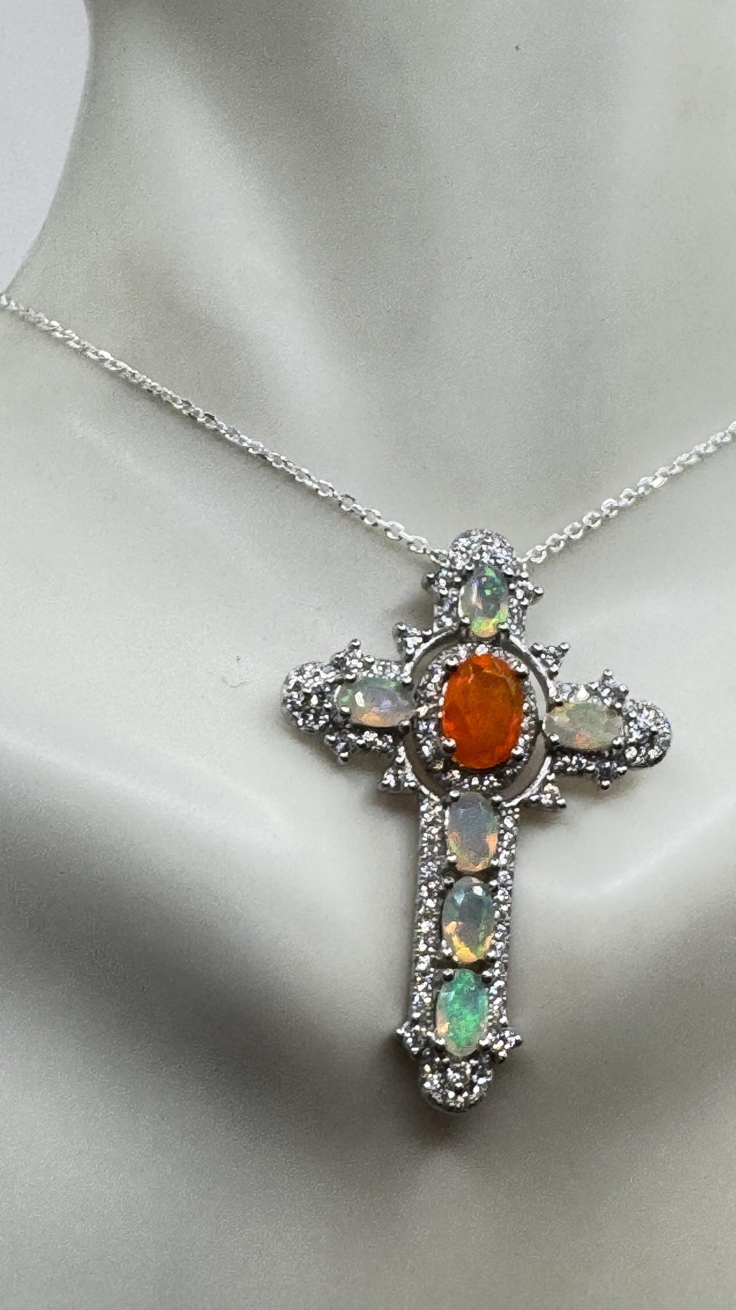 Vintage Fire Opal Cross Choker 925 Sterling Silver Pendant Necklace