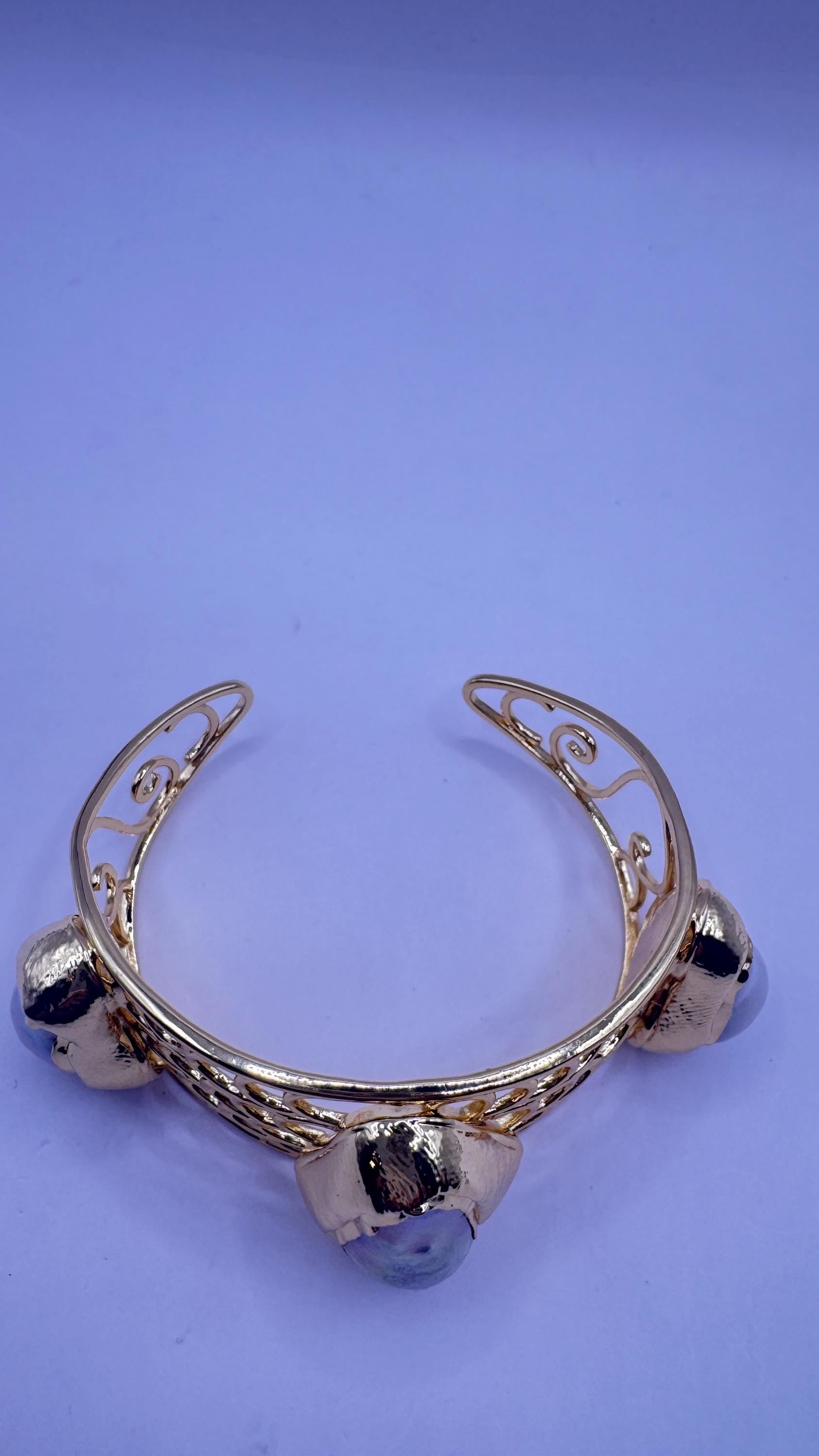 Vintage Pearl Cuff Bangle Bracelet Gold 925 Sterling Silver Hand Made
