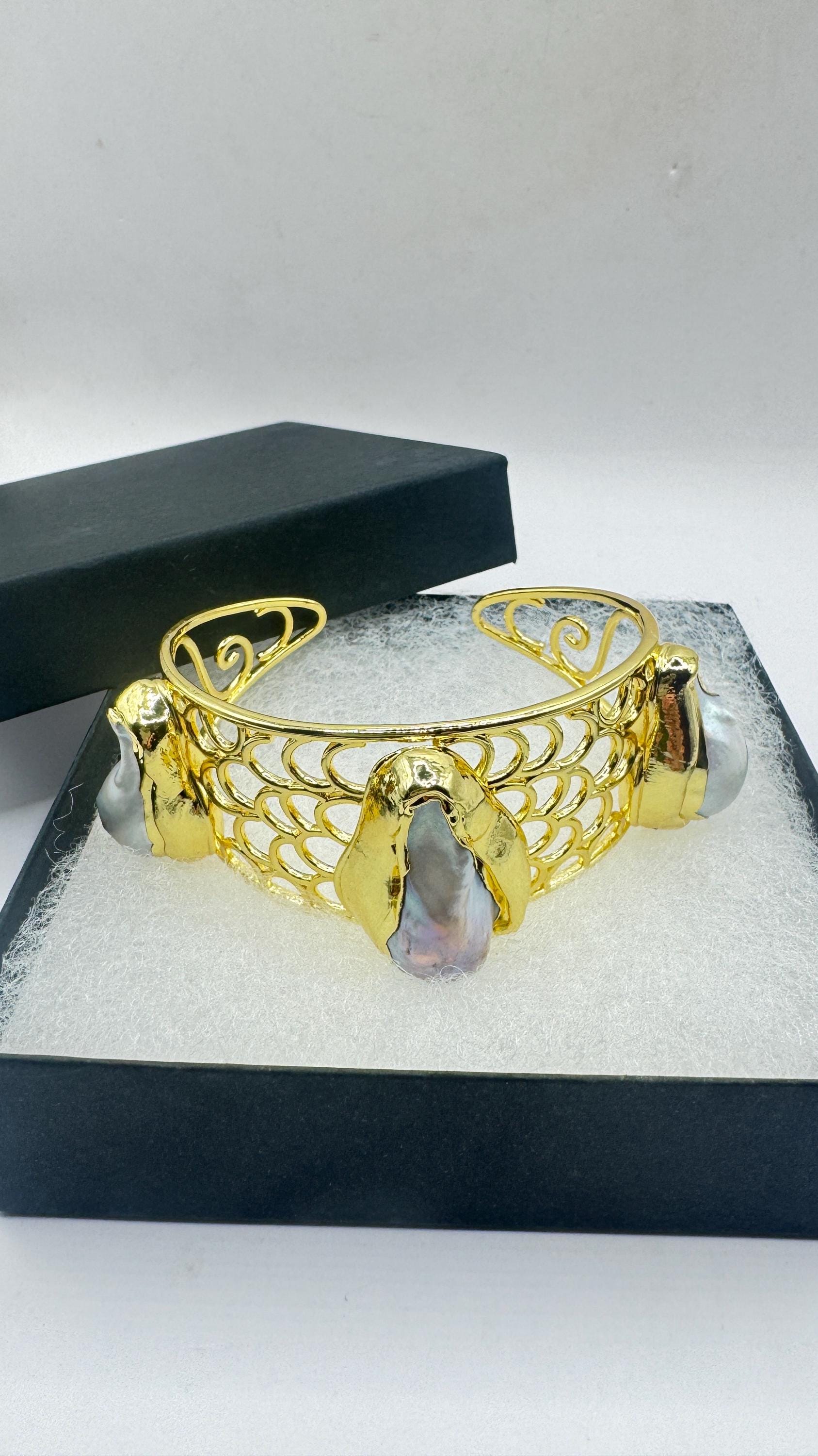 Vintage Pearl Cuff Bangle Bracelet Gold 925 Sterling Silver Hand Made