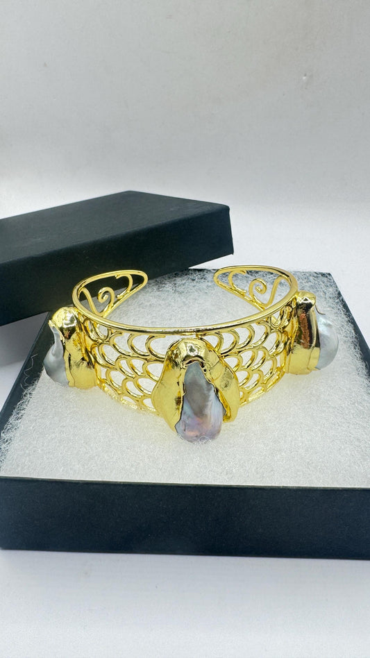 Vintage Pearl Cuff Bangle Bracelet Gold 925 Sterling Silver Hand Made