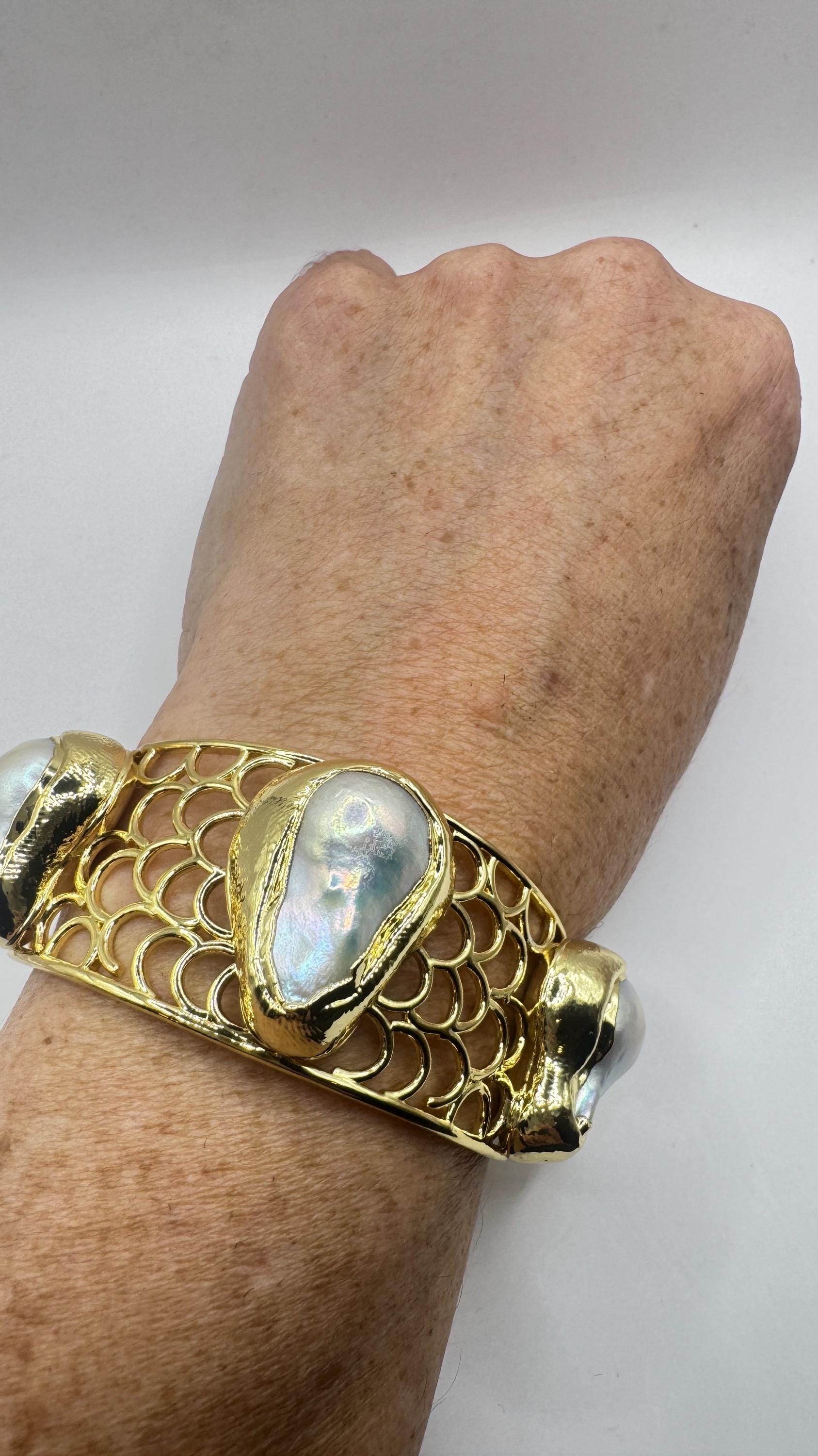 Vintage Pearl Cuff Bangle Bracelet Gold 925 Sterling Silver Hand Made