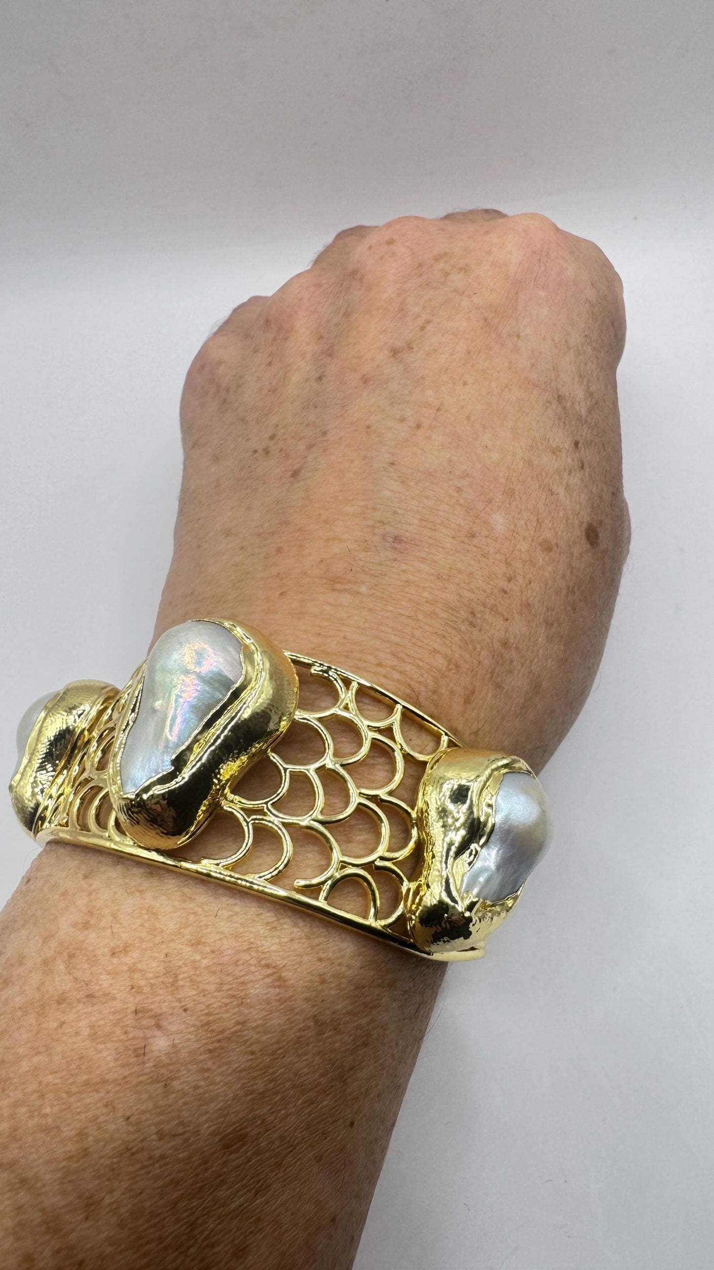 Vintage Pearl Cuff Bangle Bracelet Gold 925 Sterling Silver Hand Made