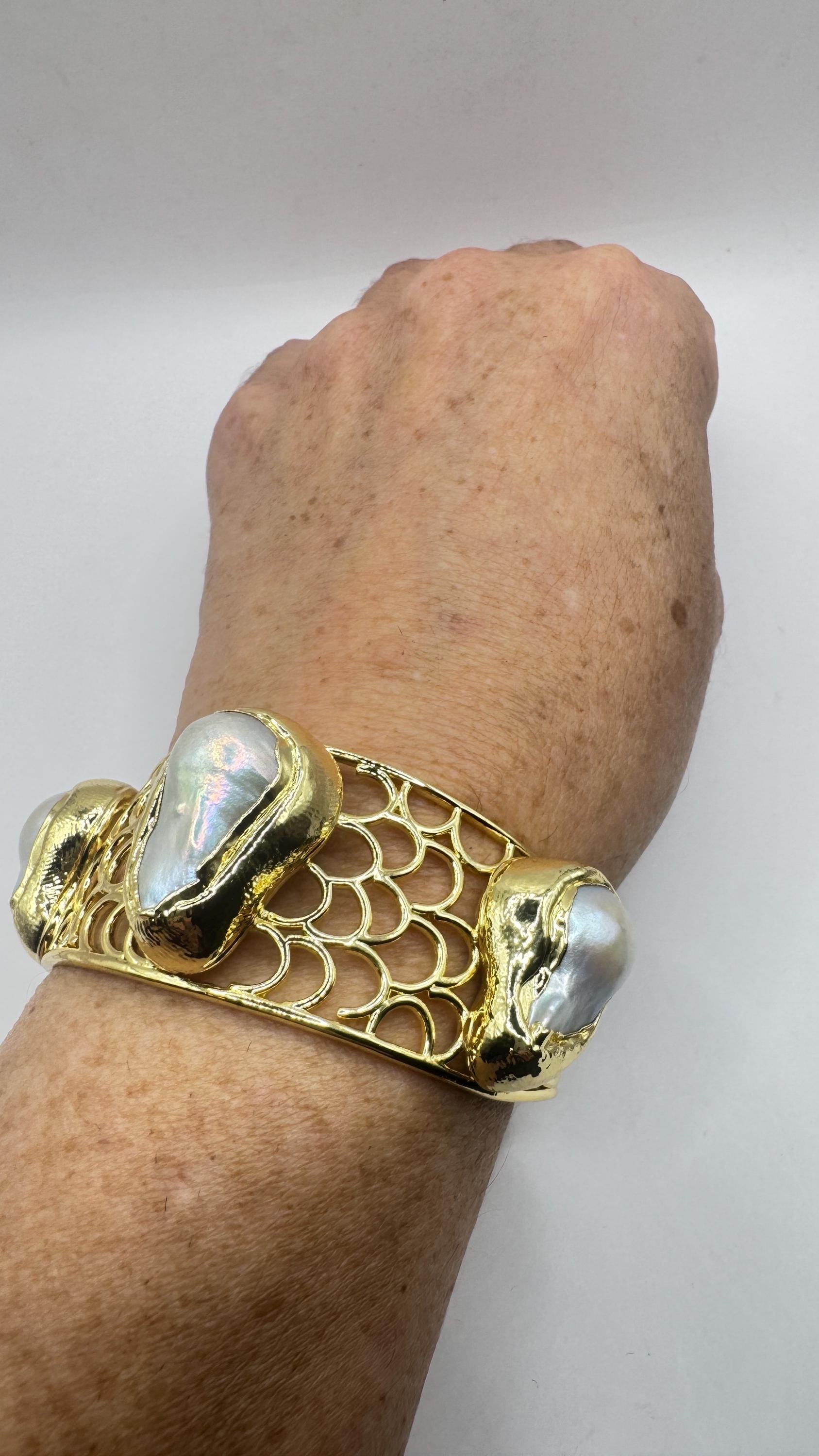 Vintage Pearl Cuff Bangle Bracelet Gold 925 Sterling Silver Hand Made