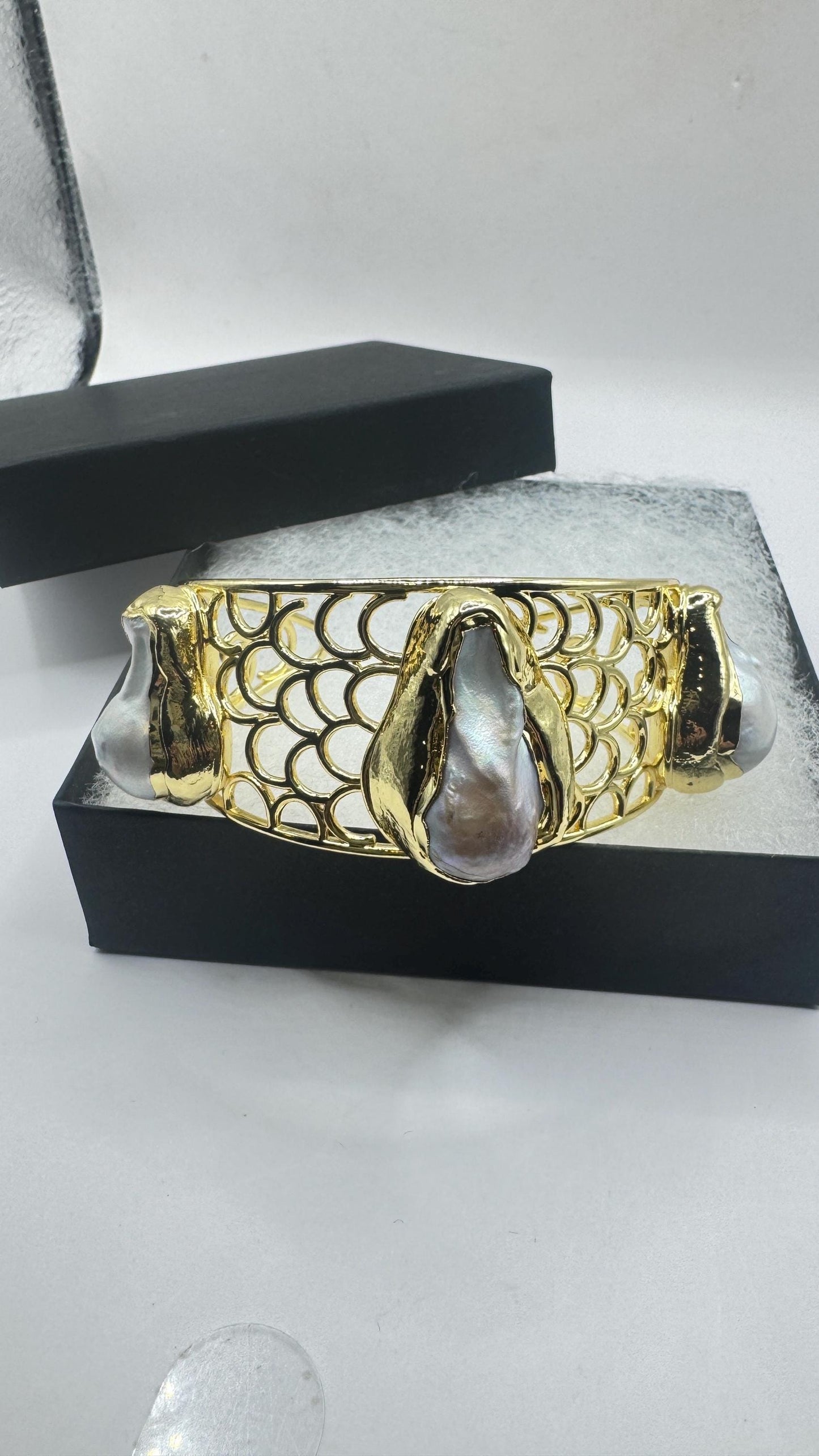 Vintage Pearl Cuff Bangle Bracelet Gold 925 Sterling Silver Hand Made