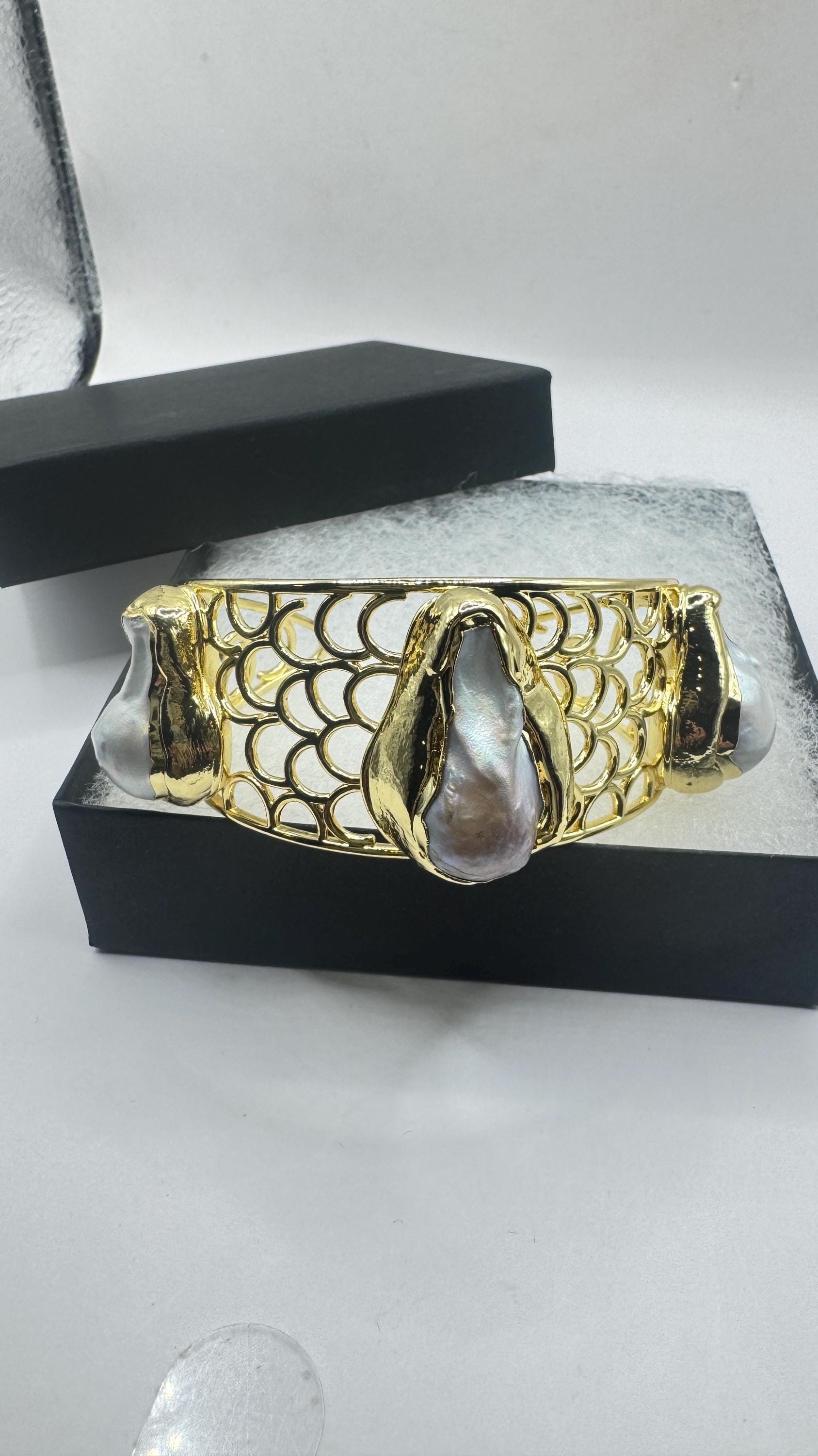 Vintage Pearl Cuff Bangle Bracelet Gold 925 Sterling Silver Hand Made