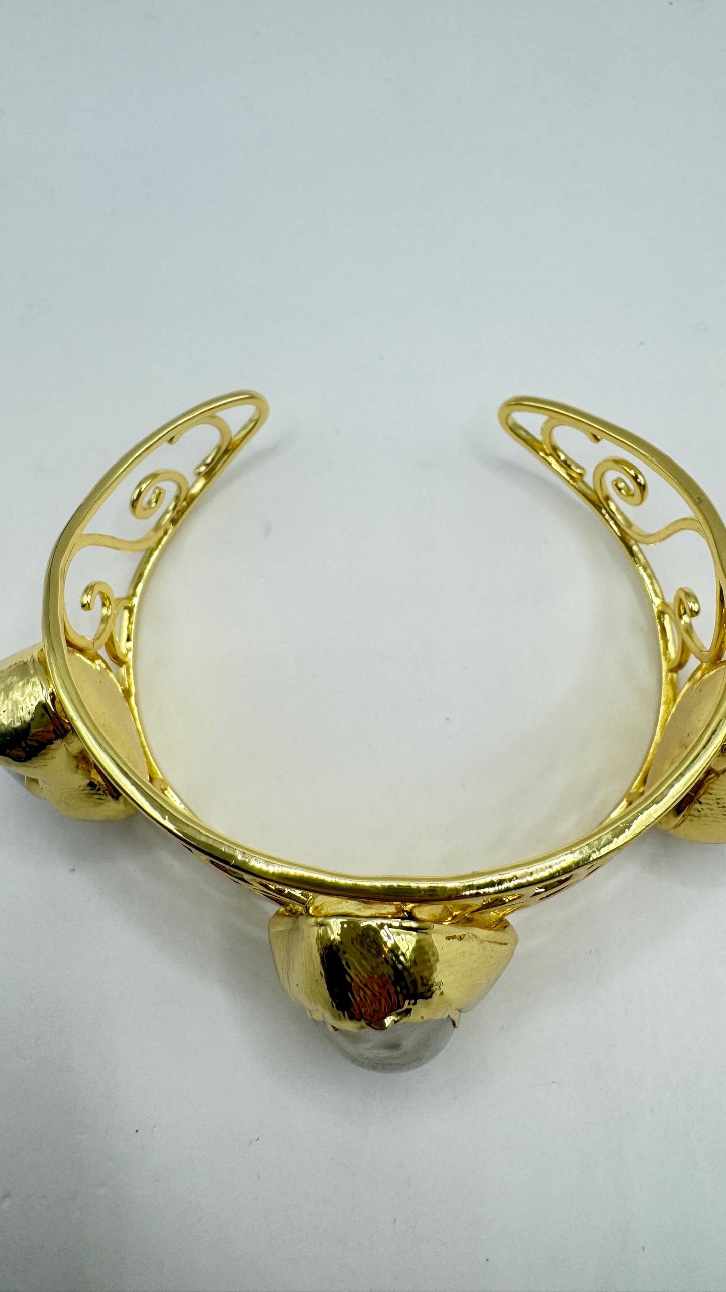 Vintage Pearl Cuff Bangle Bracelet Gold 925 Sterling Silver Hand Made