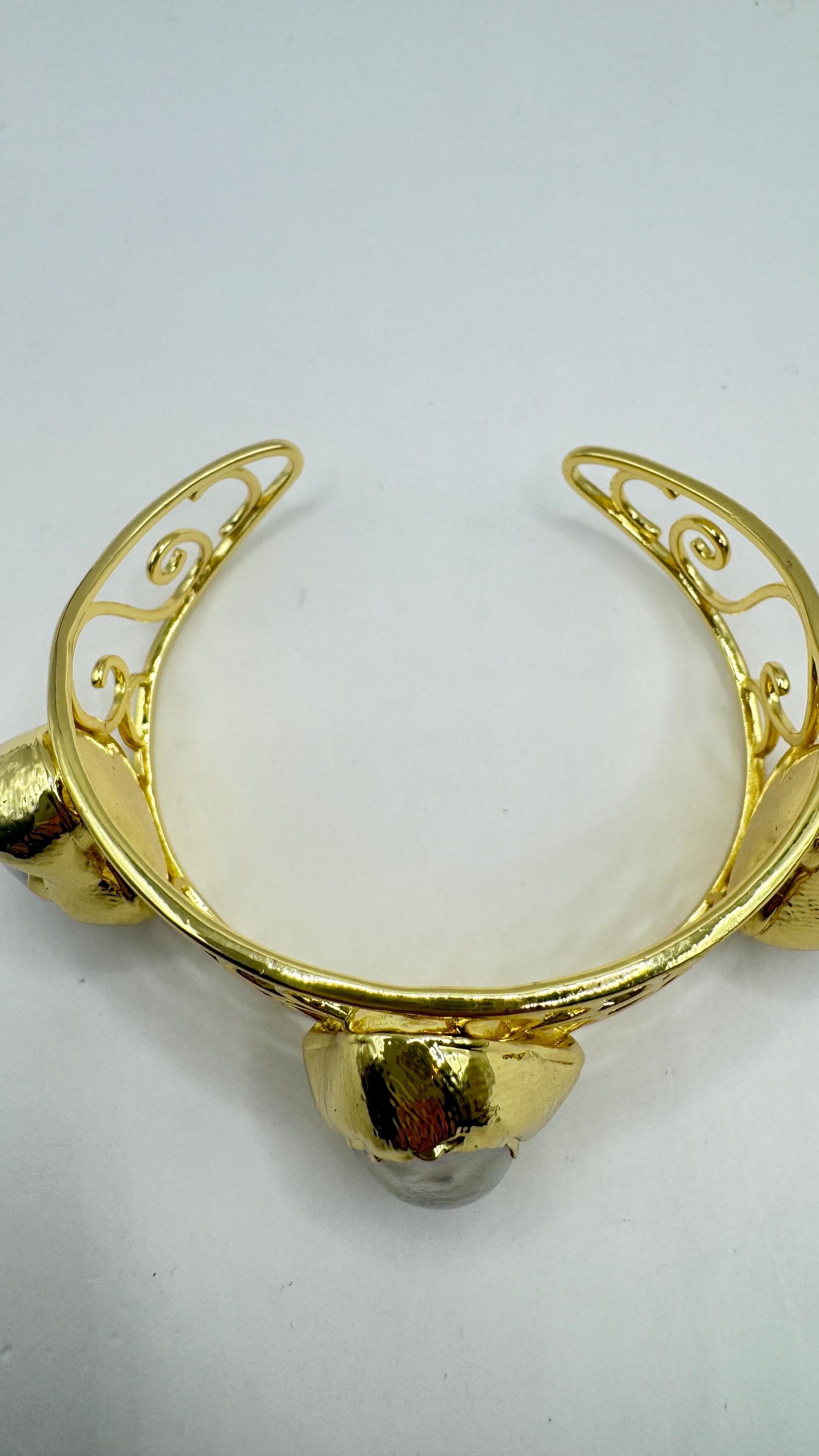 Vintage Pearl Cuff Bangle Bracelet Gold 925 Sterling Silver Hand Made