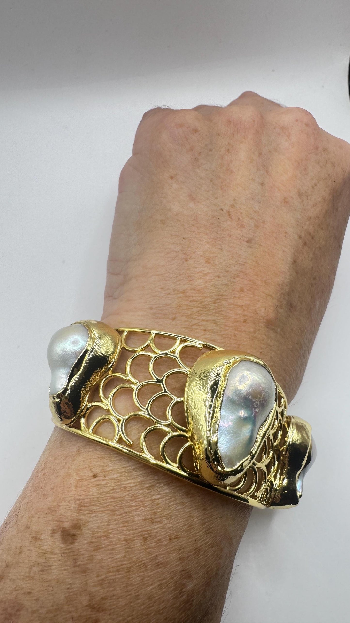 Vintage Pearl Cuff Bangle Bracelet Gold 925 Sterling Silver Hand Made