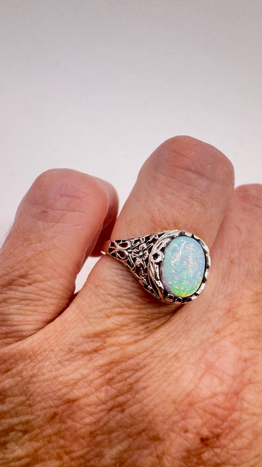 Vintage White Fire Opal Ring 925 Sterling Silver