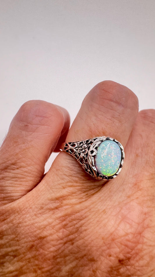 Vintage White Fire Opal Ring 925 Sterling Silver
