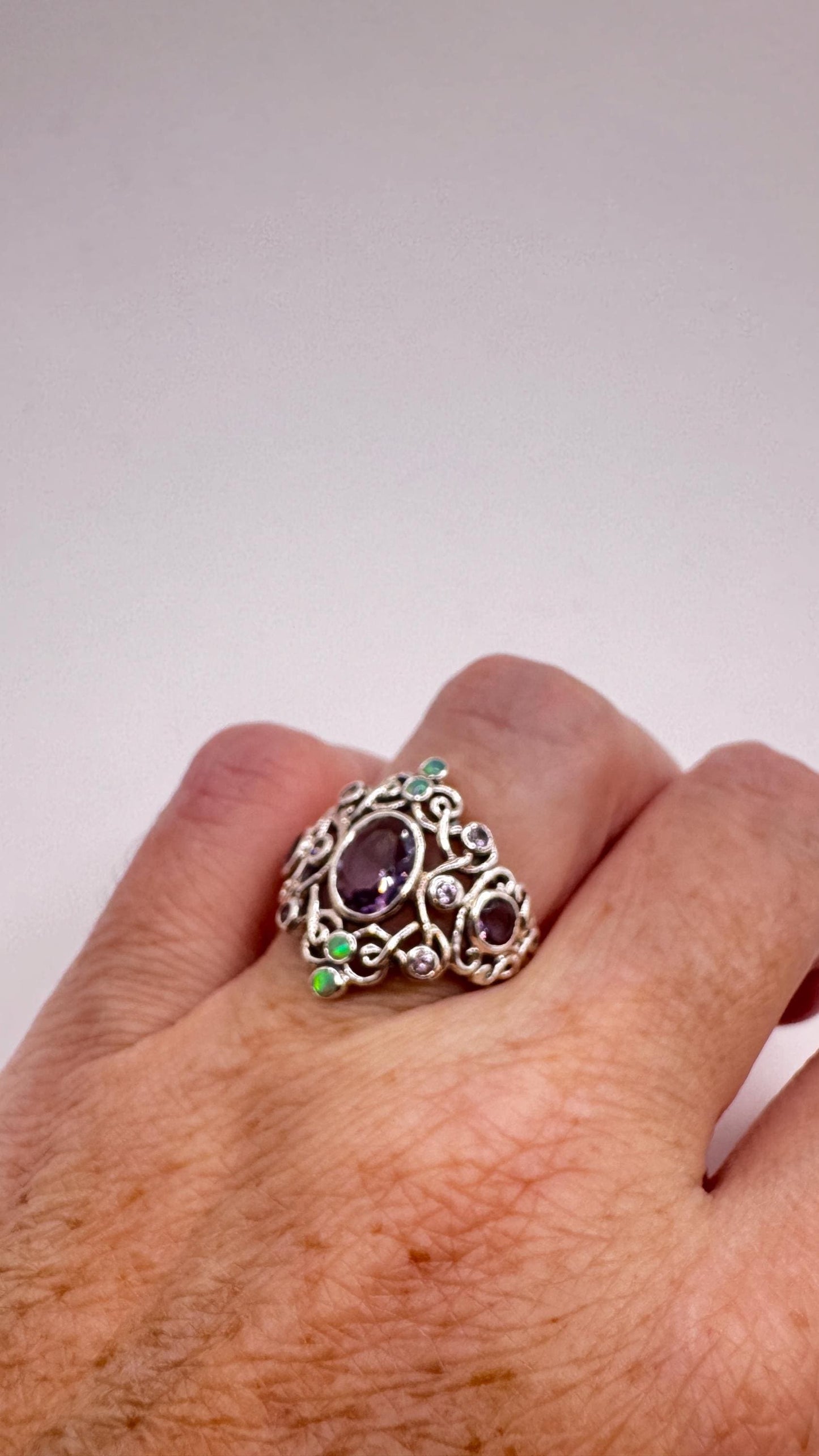 Vintage Amethyst White Fire Opal Ring 925 Sterling Silver