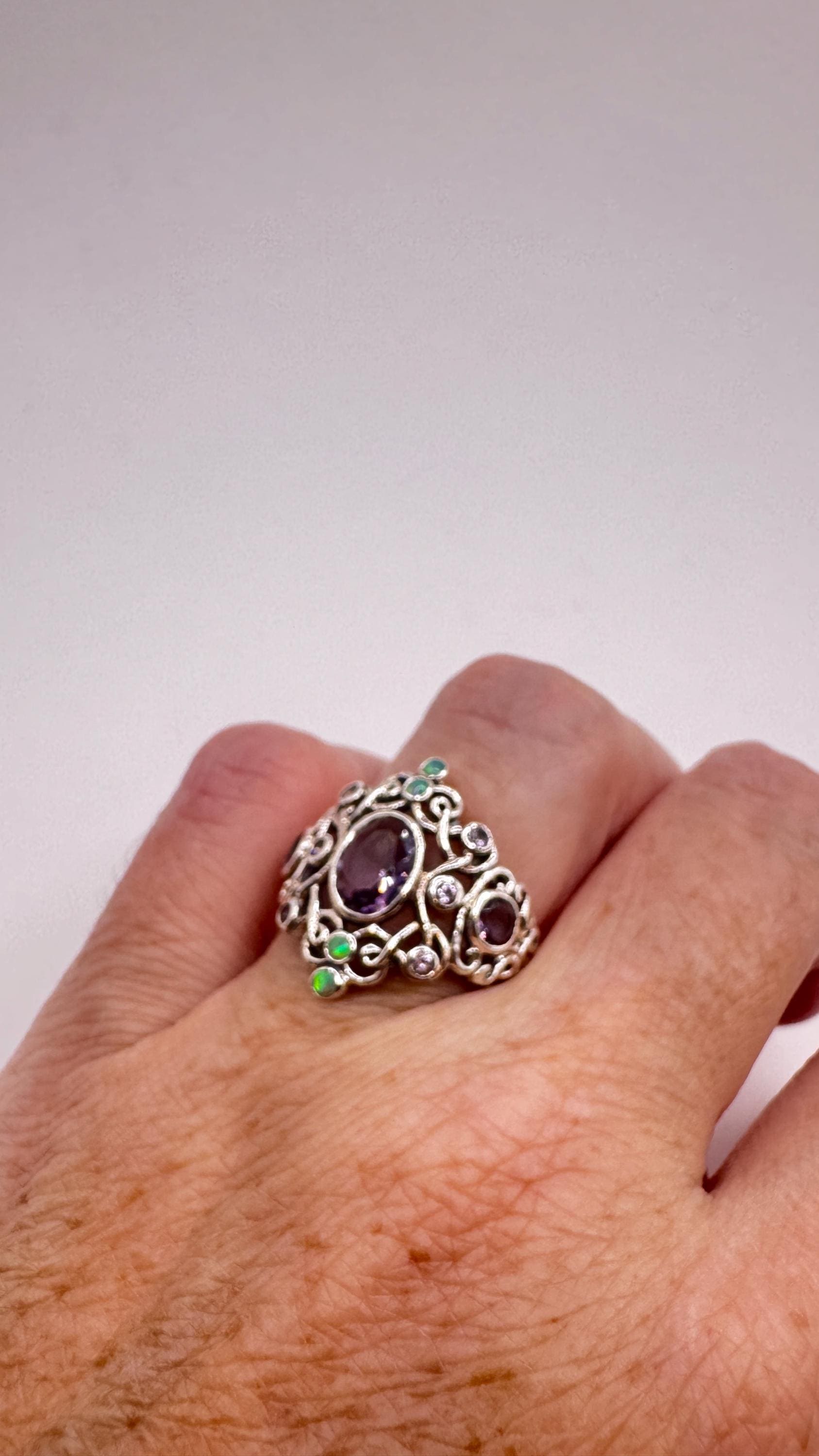 Vintage Amethyst White Fire Opal Ring 925 Sterling Silver