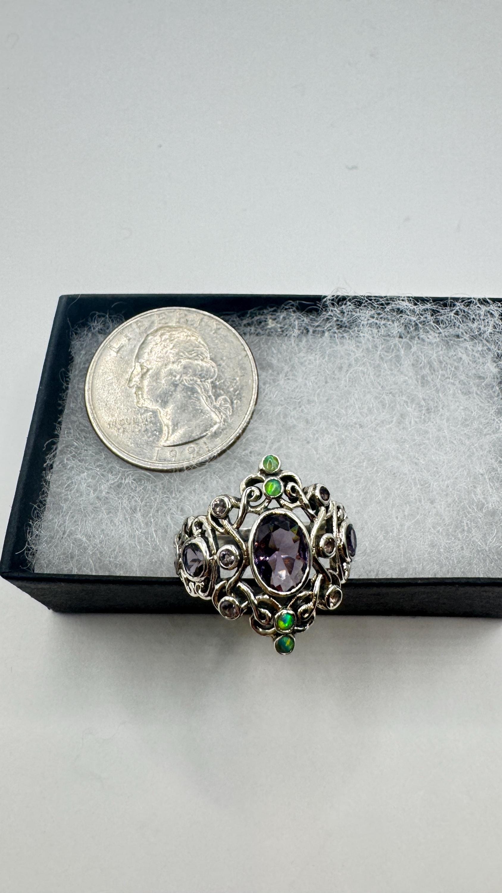Vintage Amethyst White Fire Opal Ring 925 Sterling Silver