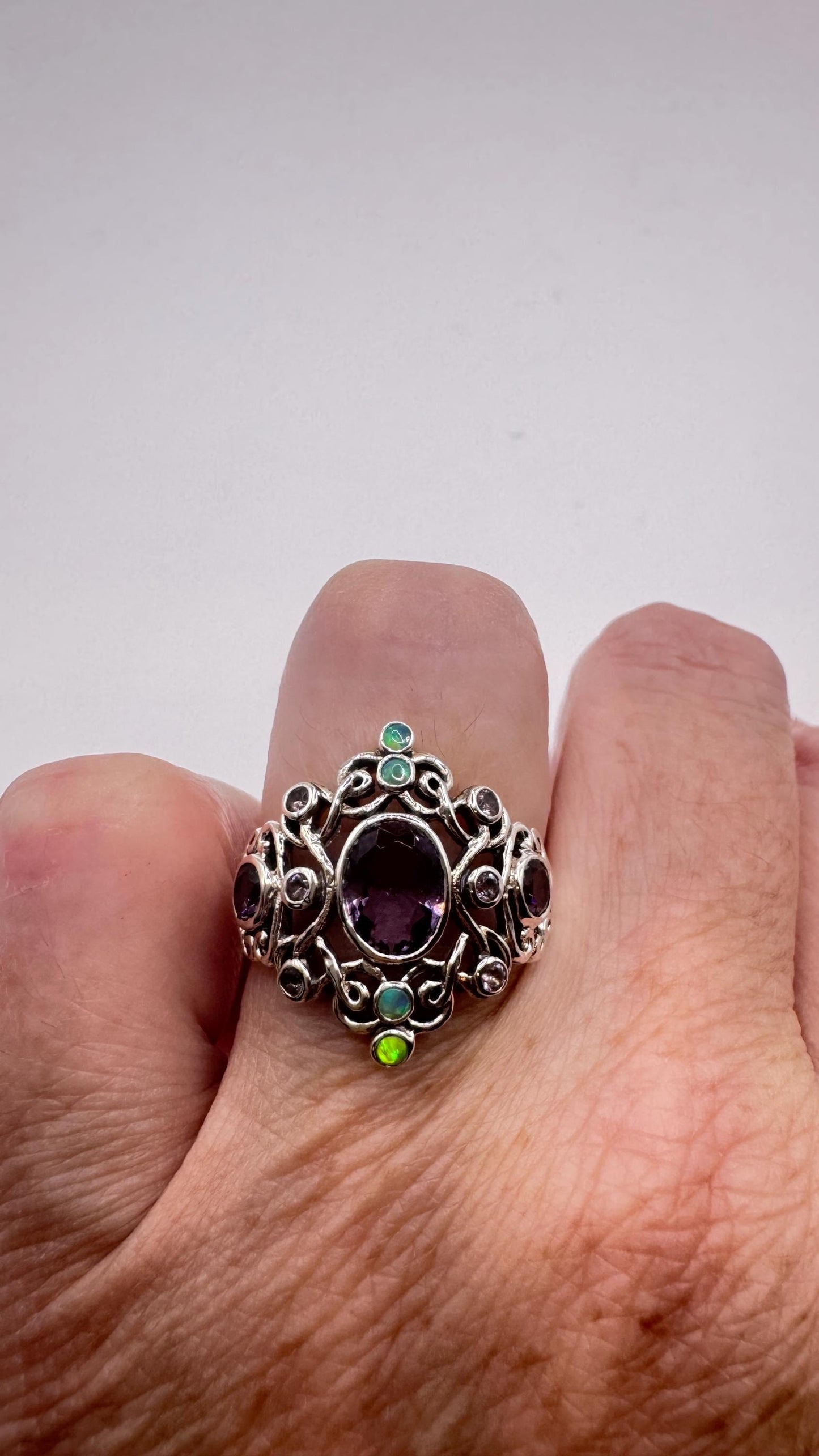 Vintage Amethyst White Fire Opal Ring 925 Sterling Silver