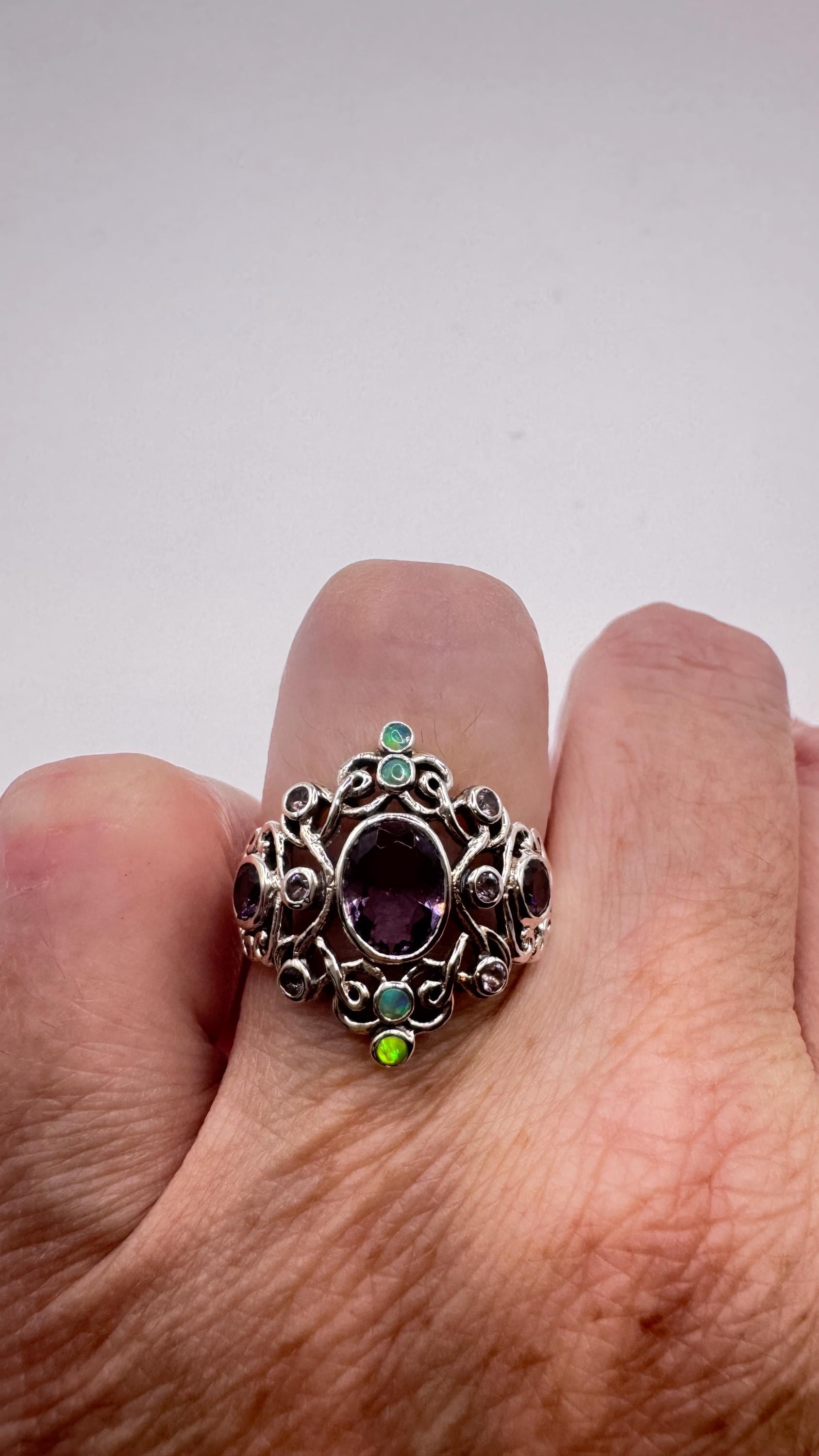 Vintage Amethyst White Fire Opal Ring 925 Sterling Silver
