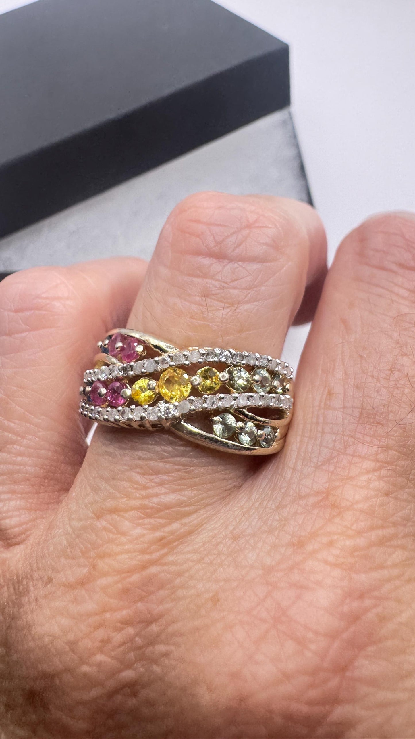 Vintage Toumaline Diamond Gold 925 Sterling Silver Band Ring