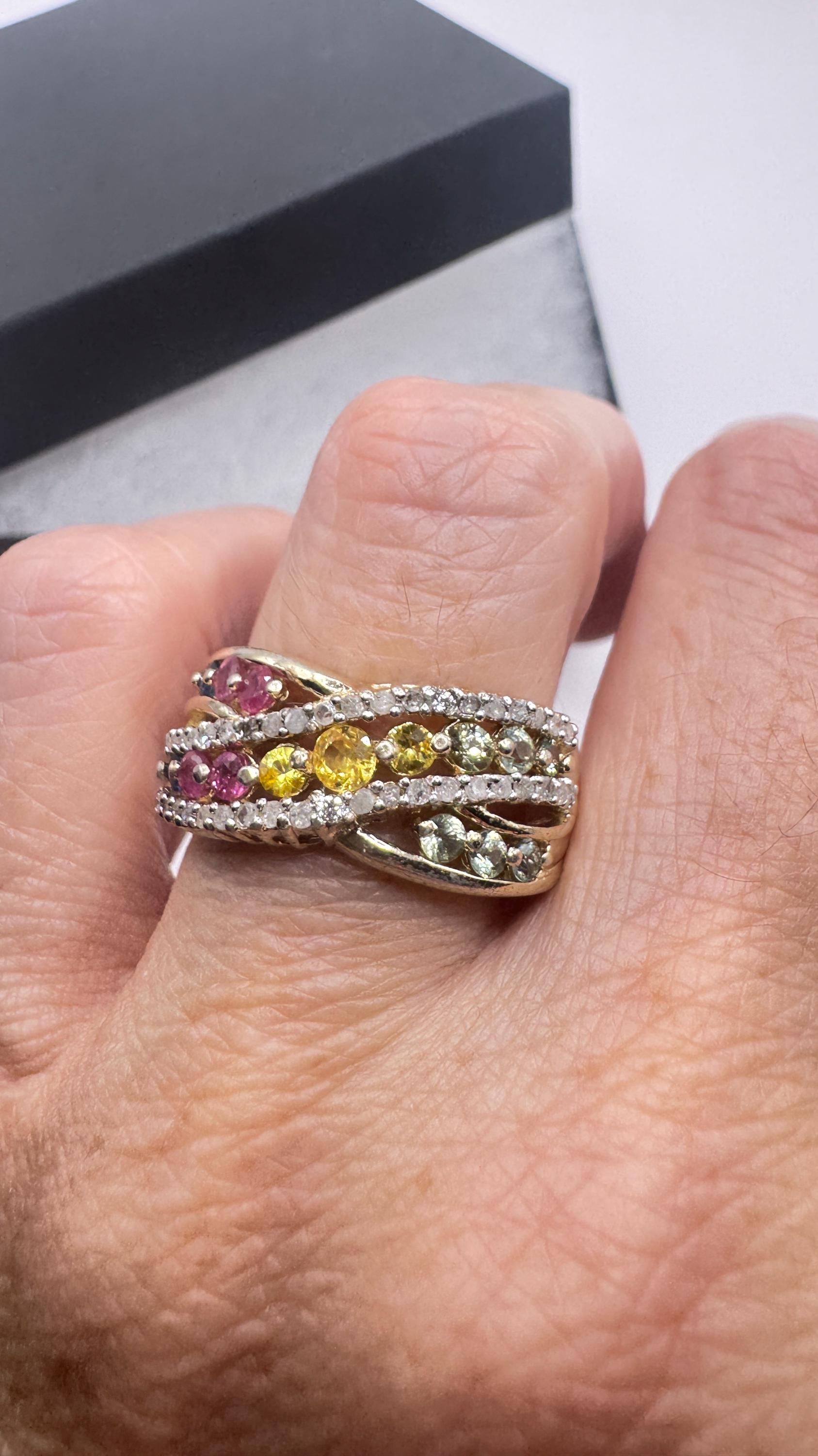 Vintage Toumaline Diamond Gold 925 Sterling Silver Band Ring