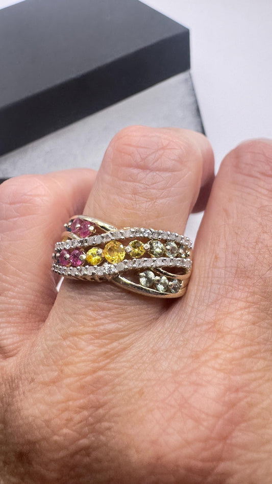 Vintage Toumaline Diamond Gold 925 Sterling Silver Band Ring