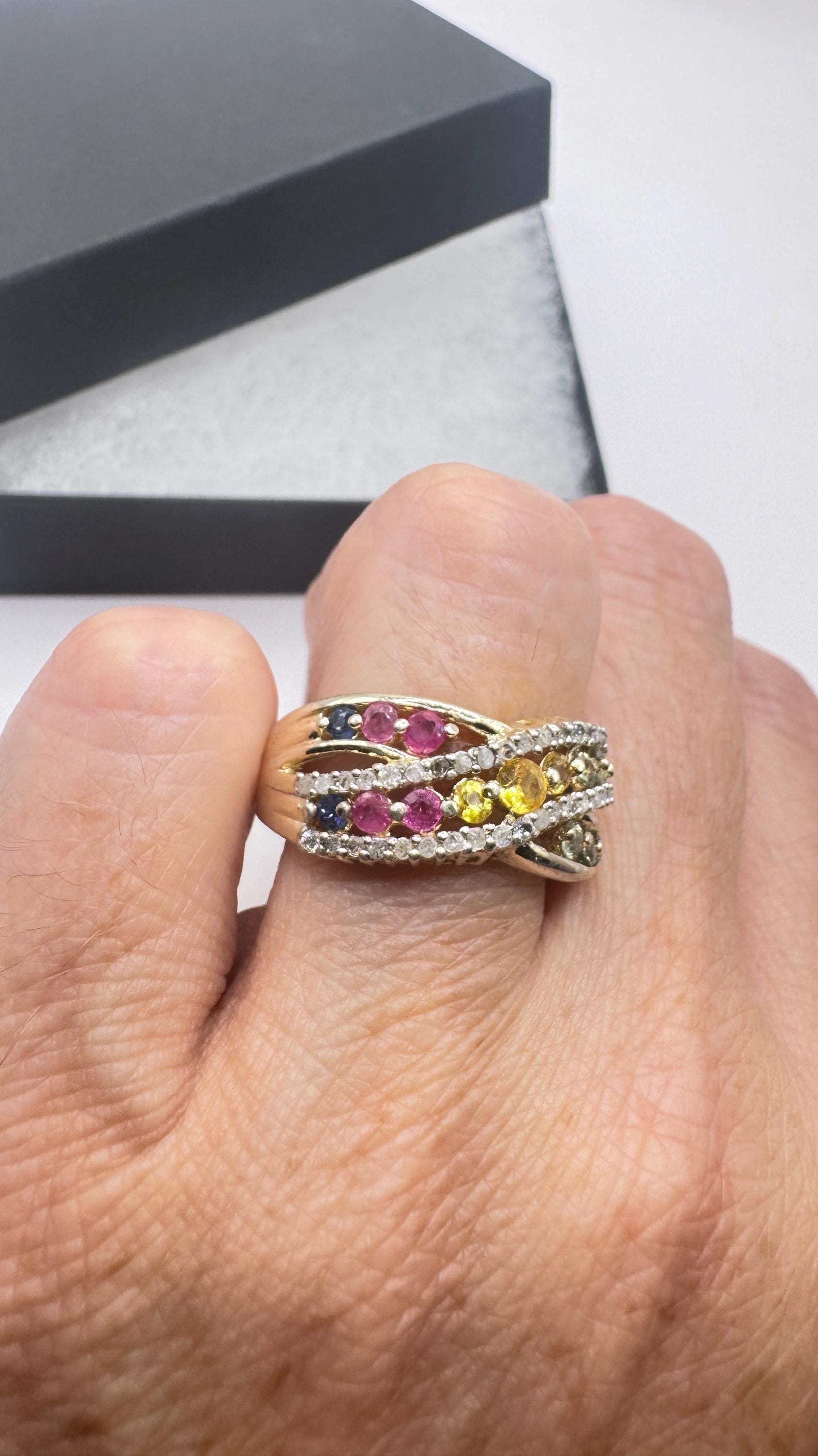 Vintage Toumaline Diamond Gold 925 Sterling Silver Band Ring
