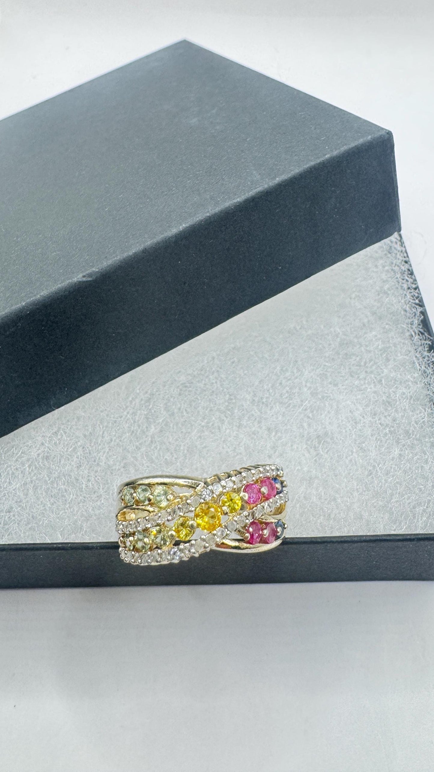 Vintage Toumaline Diamond Gold 925 Sterling Silver Band Ring