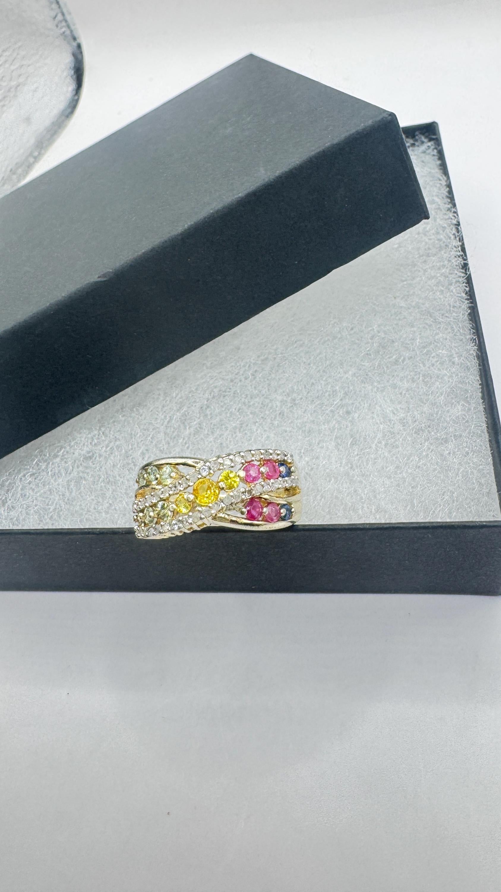 Vintage Toumaline Diamond Gold 925 Sterling Silver Band Ring