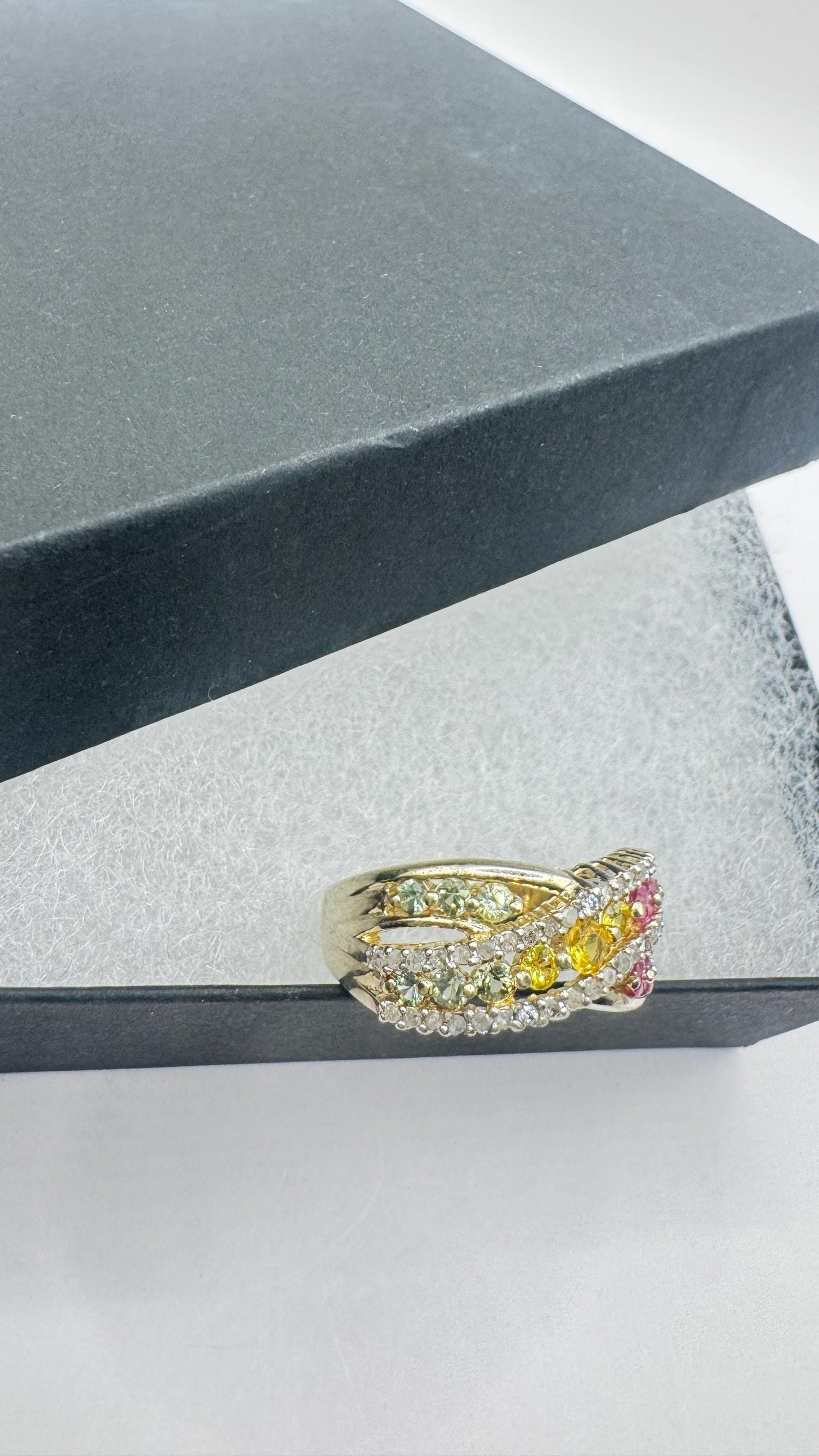 Vintage Toumaline Diamond Gold 925 Sterling Silver Band Ring