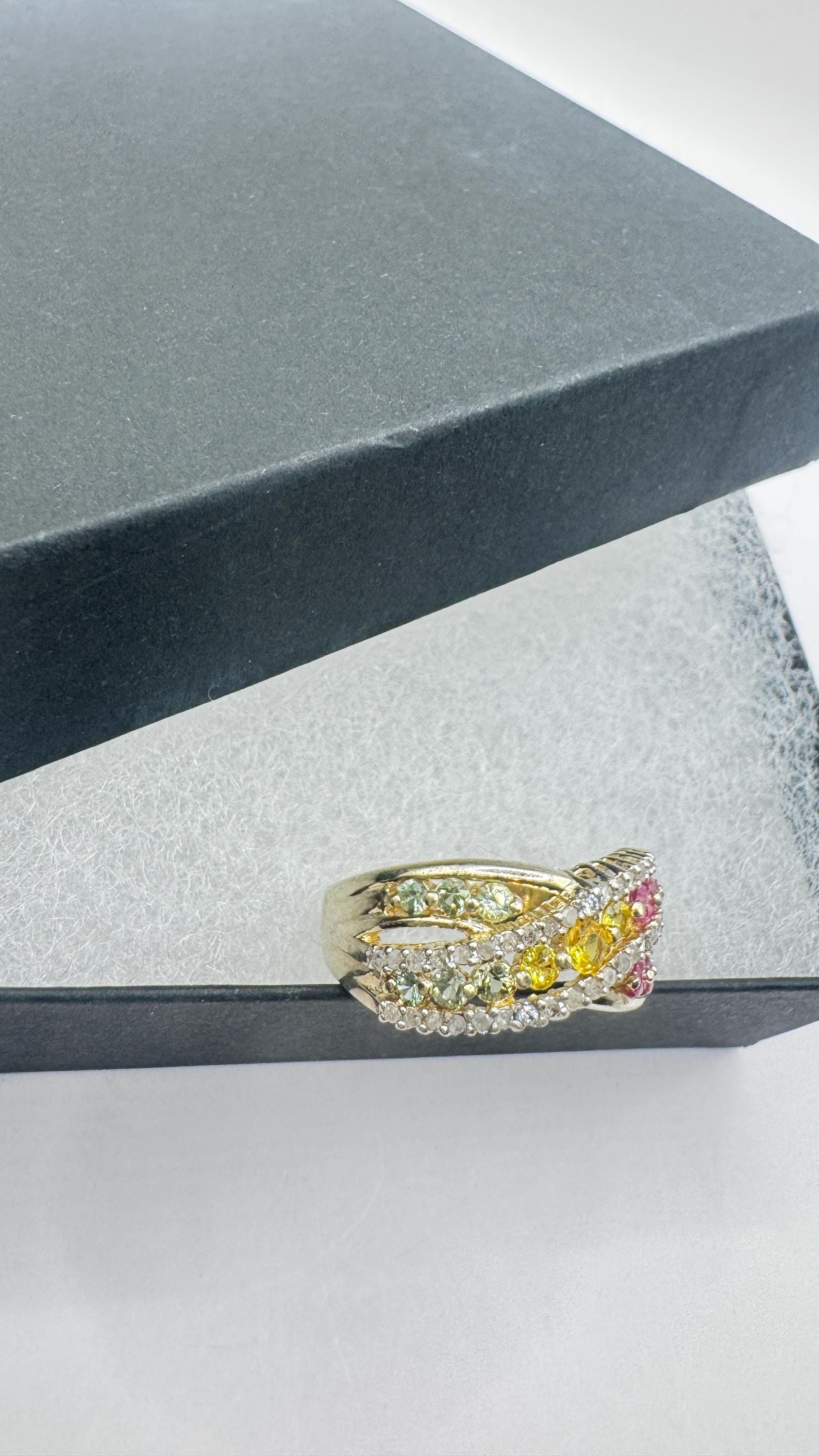 Vintage Toumaline Diamond Gold 925 Sterling Silver Band Ring