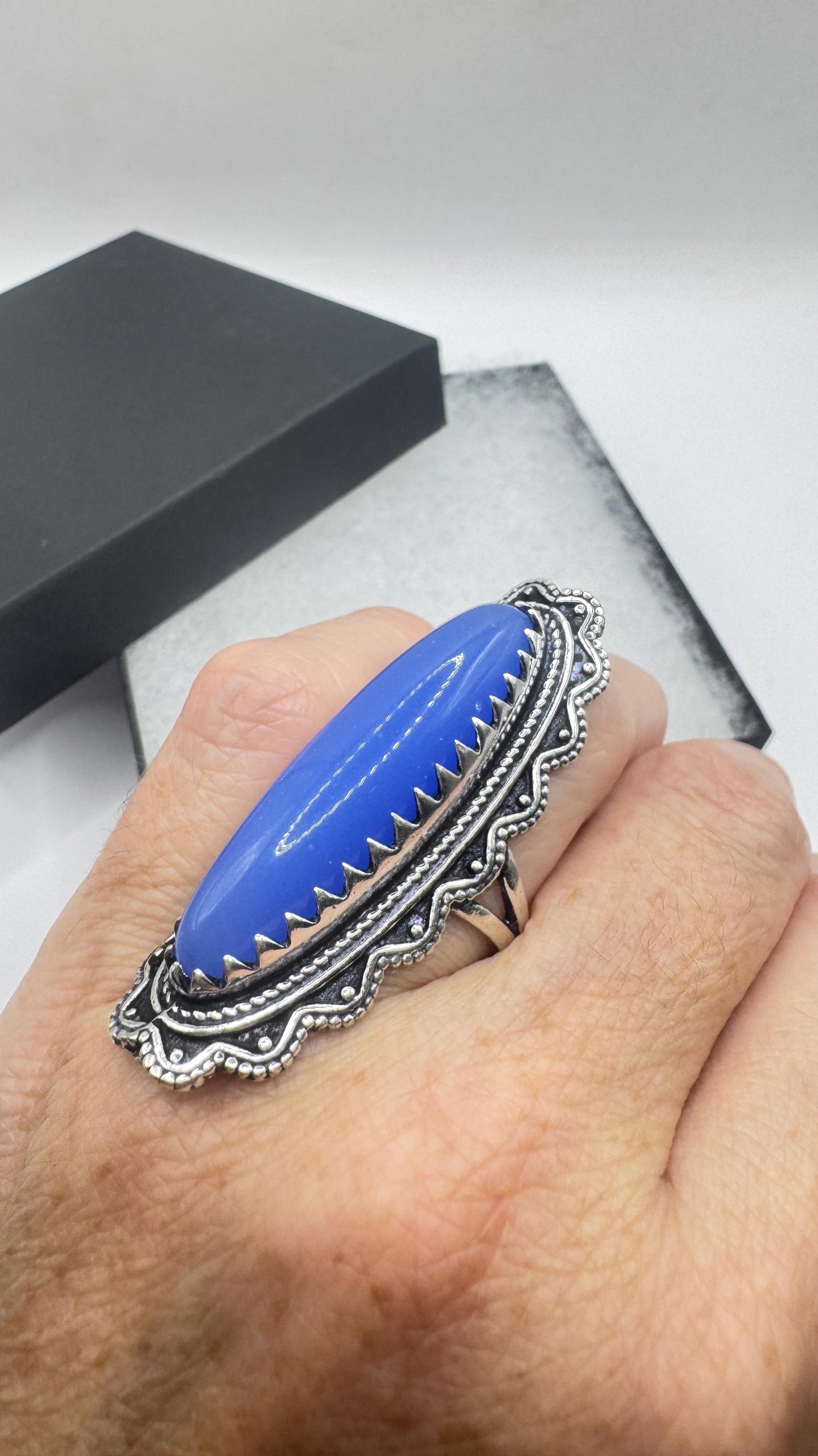 Vintage Blue Chalsedony Statement Ring Size 9.25