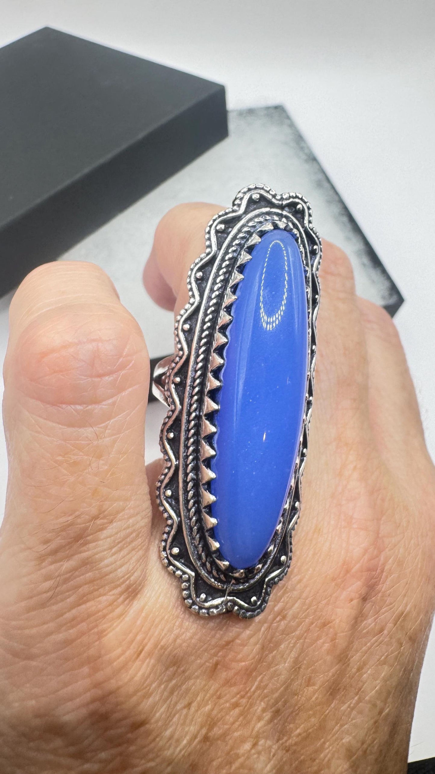 Vintage Blue Chalsedony Statement Ring Size 9.25