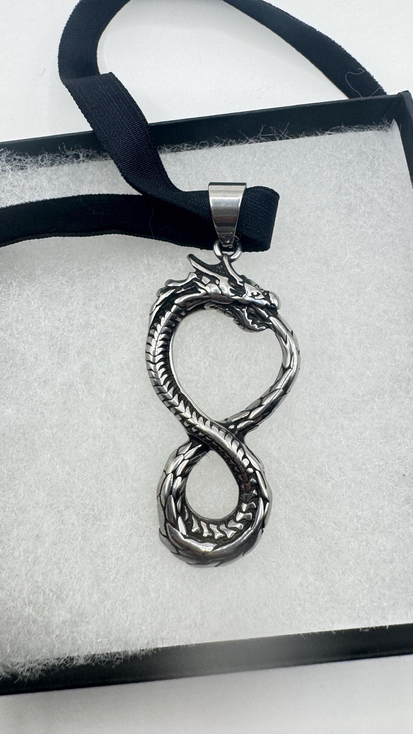 Vintage Dragon Infinity Choker Silver Stainless Steel Pendant Necklace
