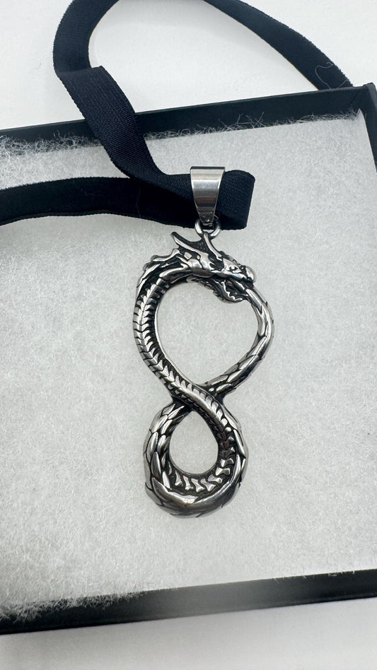 Vintage Dragon Infinity Choker Silver Stainless Steel Pendant Necklace