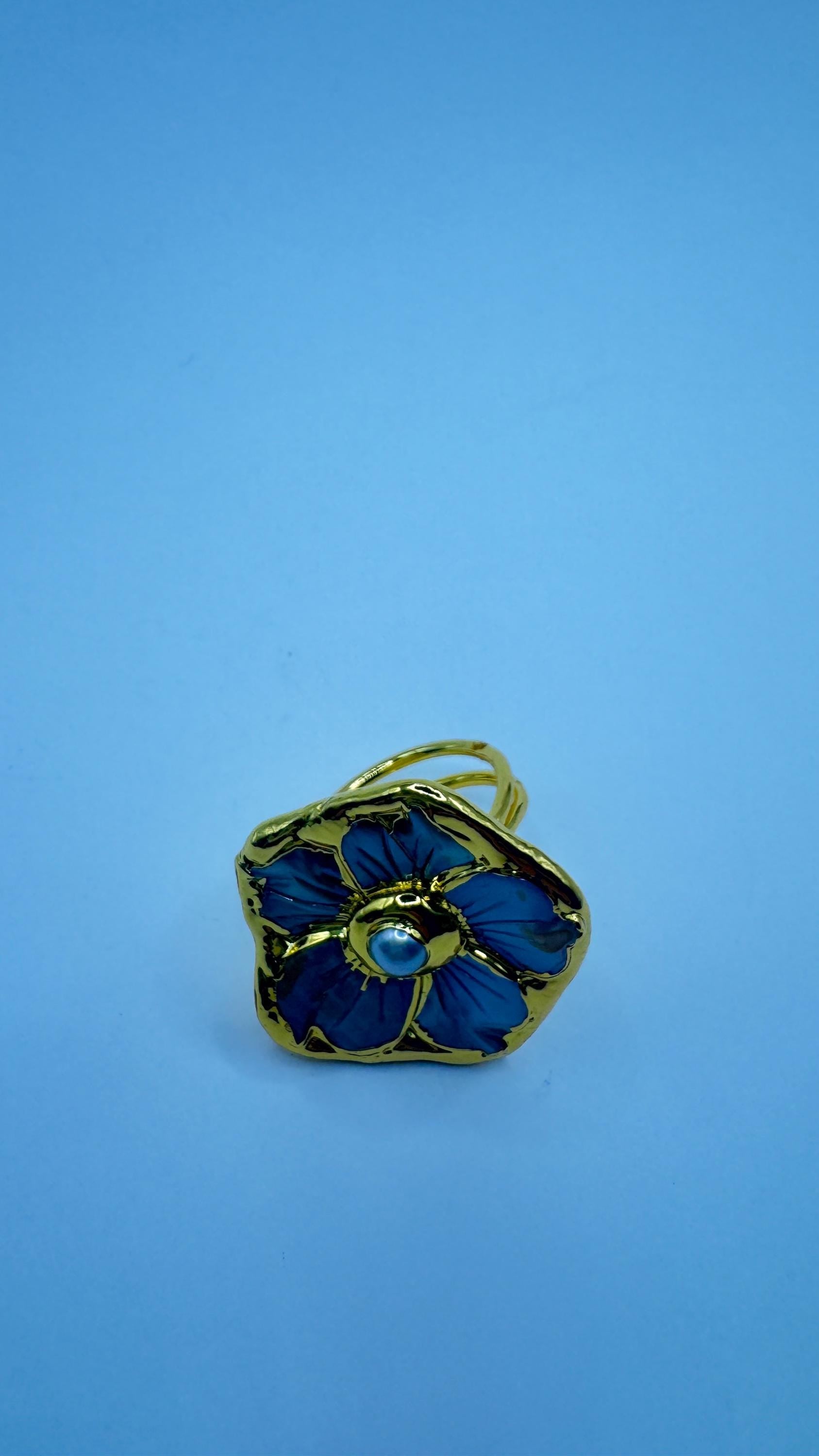 Vintage Flower Pearl Ring Golden 925 Sterling Silver Cocktail Statement Adjustable