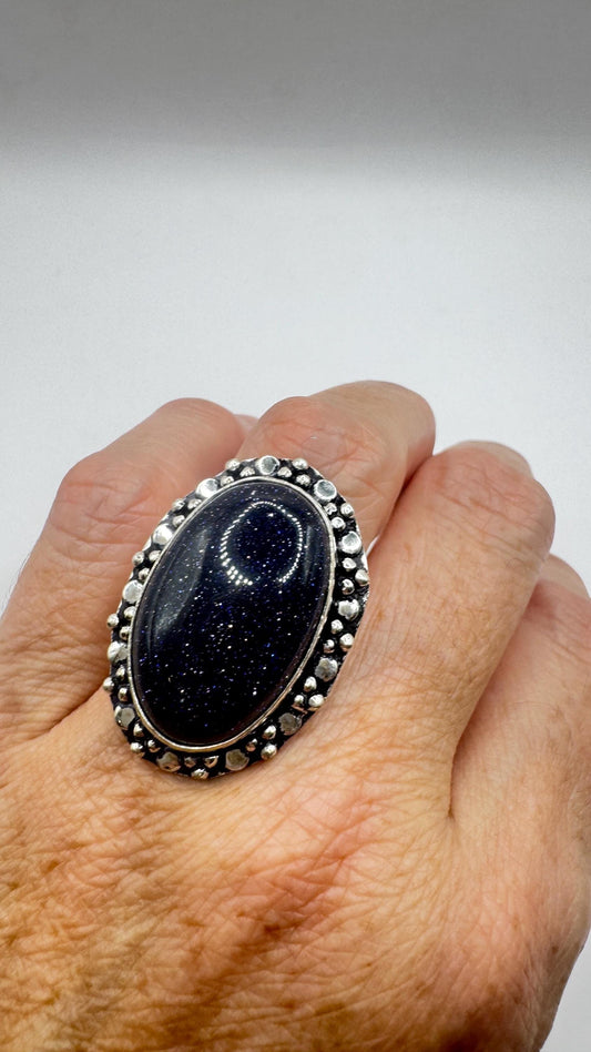 Vintage Black Goldstone Silver Bronze Ring