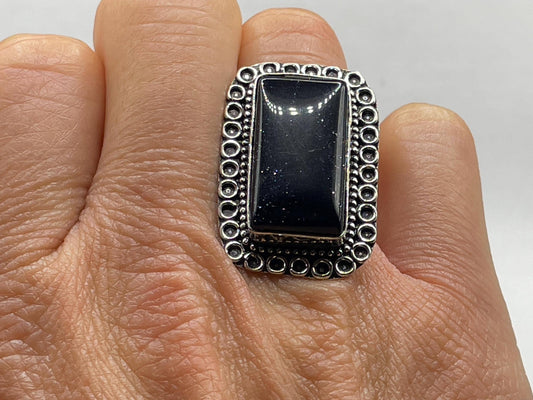 Vintage Black Goldstone Silver Bronze Ring