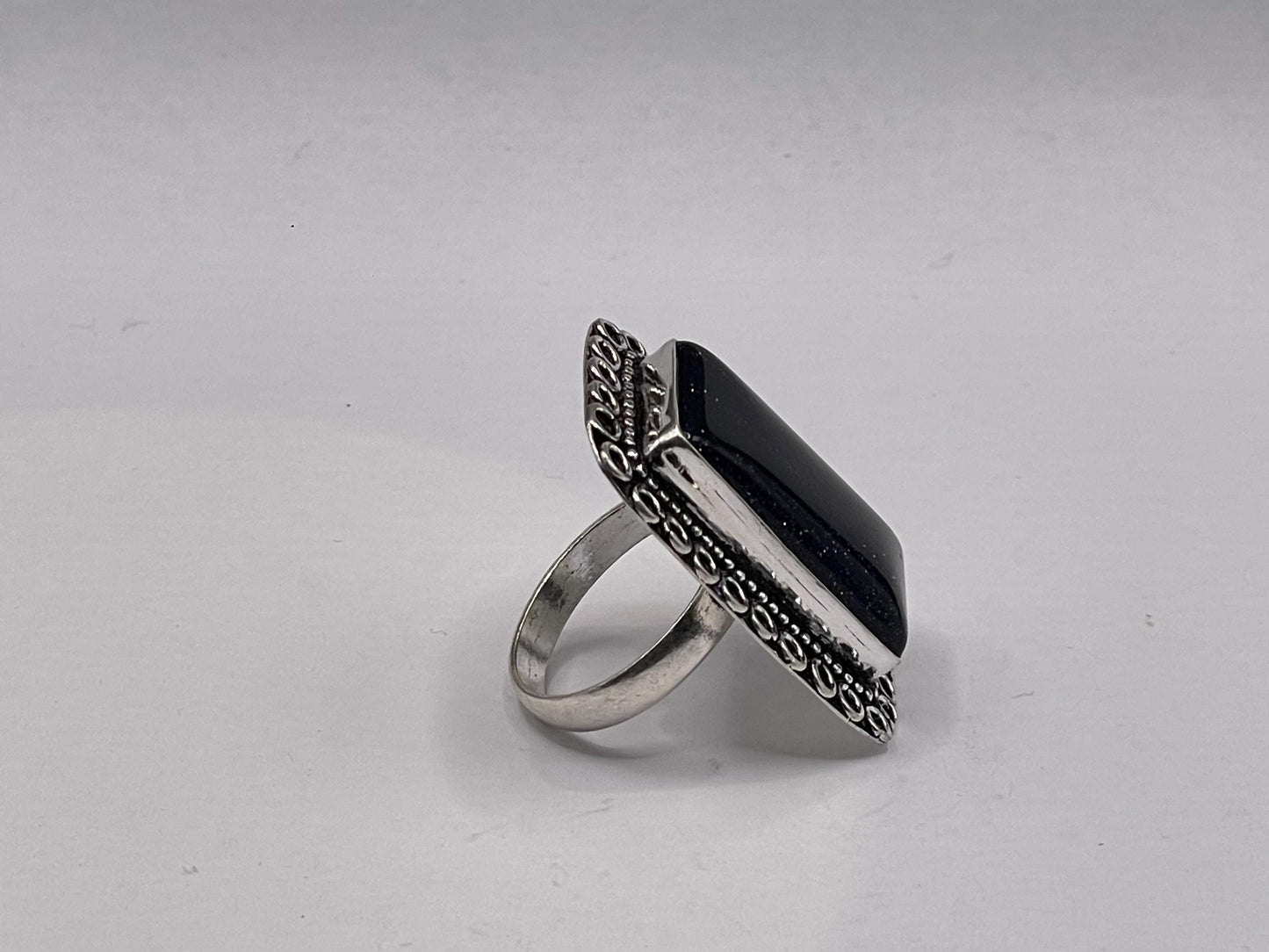 Vintage Black Goldstone Silver Bronze Ring