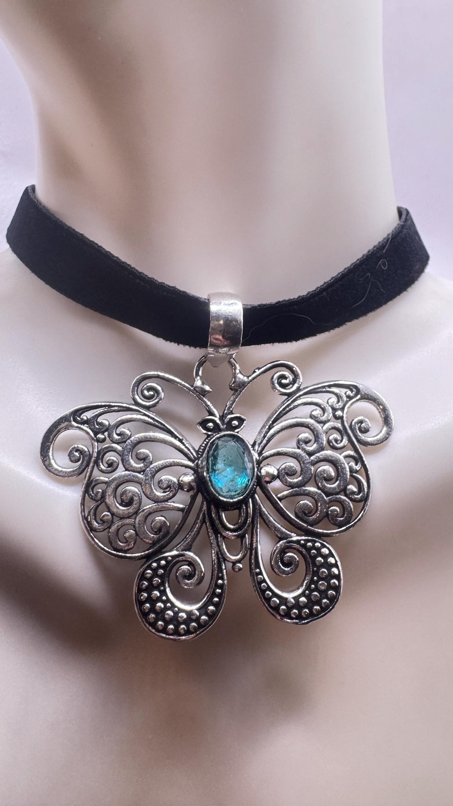 Vintage Blue Topaz Butterfly Choker Necklace