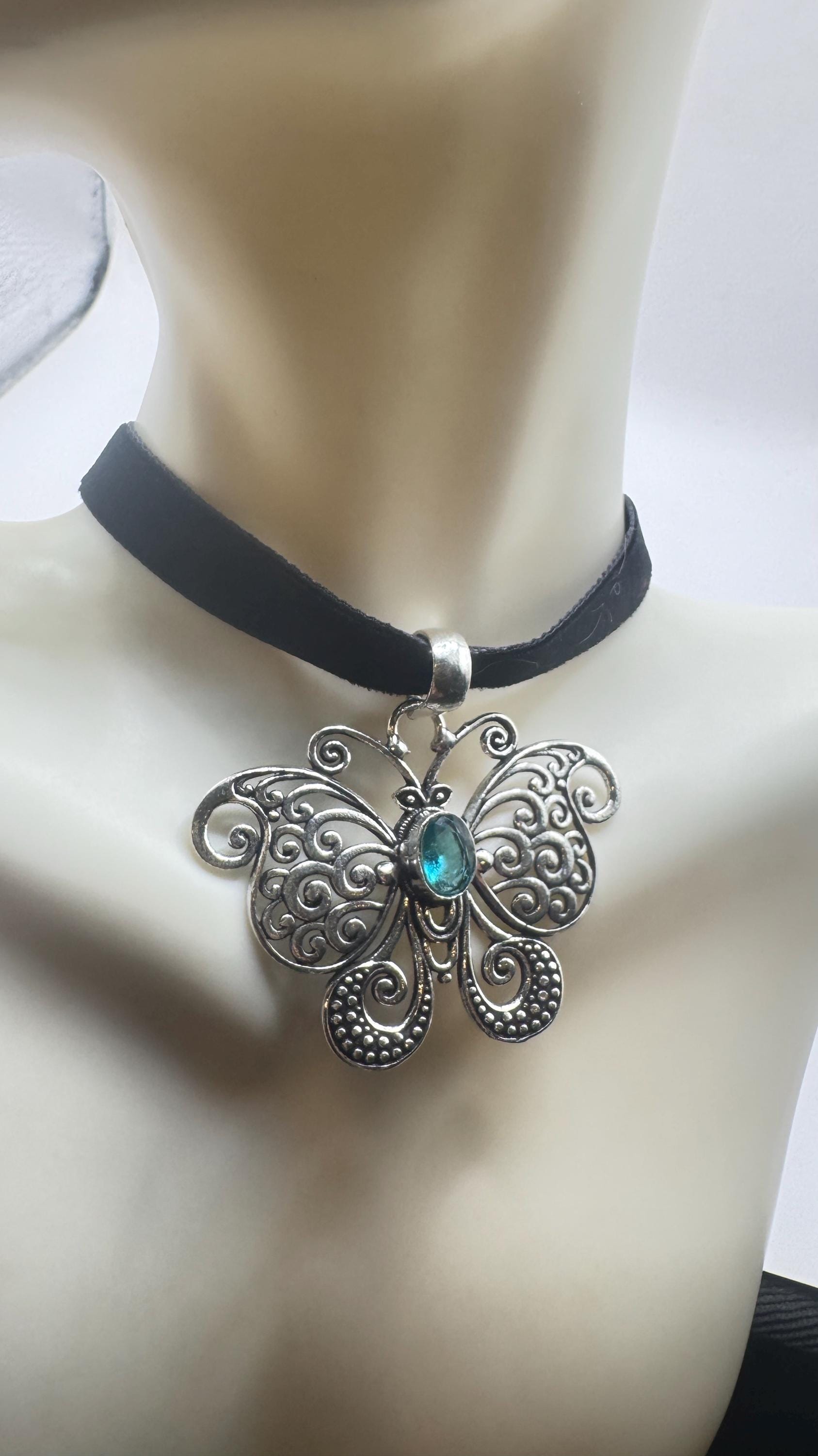 Vintage Blue Topaz Butterfly Choker Necklace