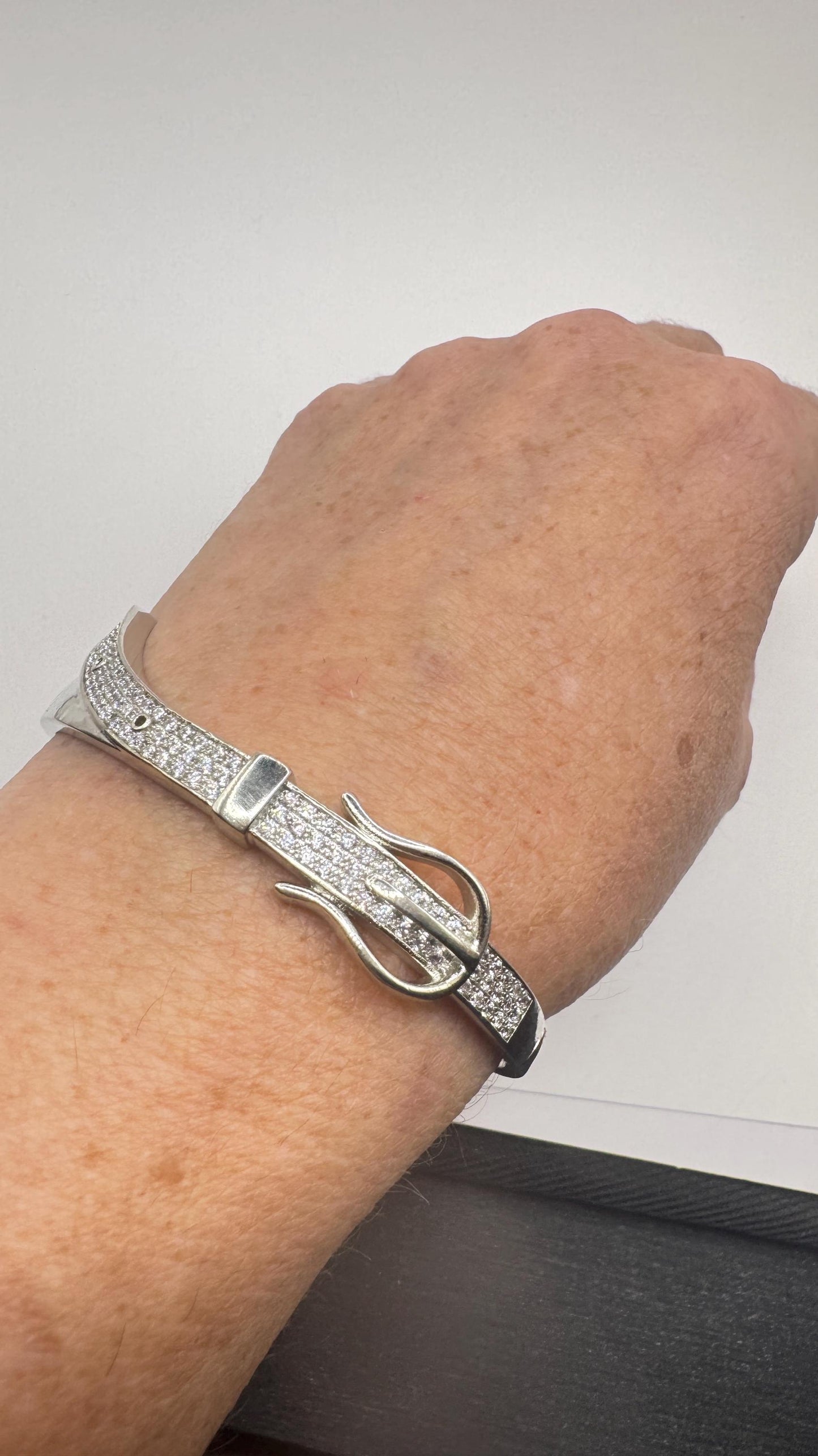 Vintage Buckle Bangle Bracelet 9k White Gold filled Crystal